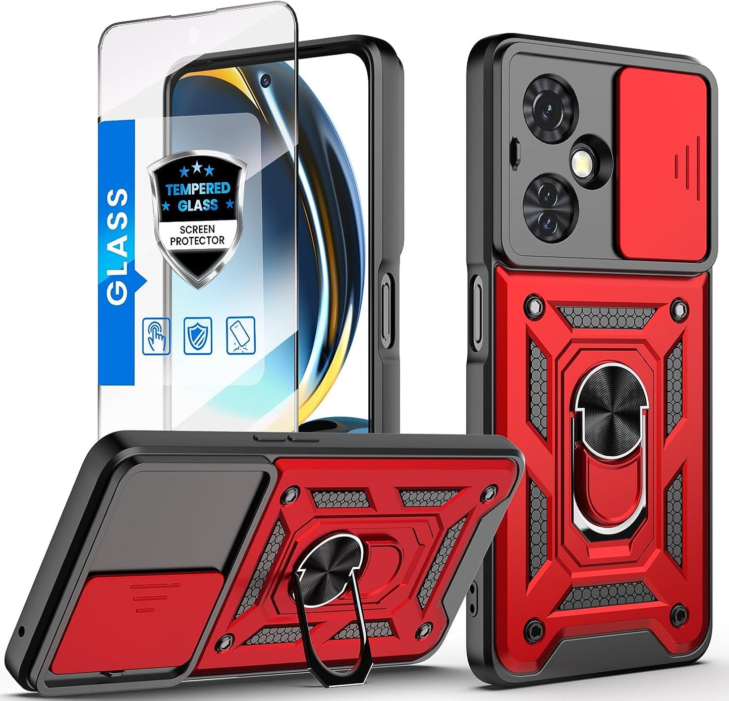 Dretal for Oneplus Nord N30 5G Case, with Stand Kickstand Ring and Camera Cover with Tempered Glass Screen Protector, Military Grade Shockproof Protective Cover for Oneplus N30 5G (Black) Dretal Red