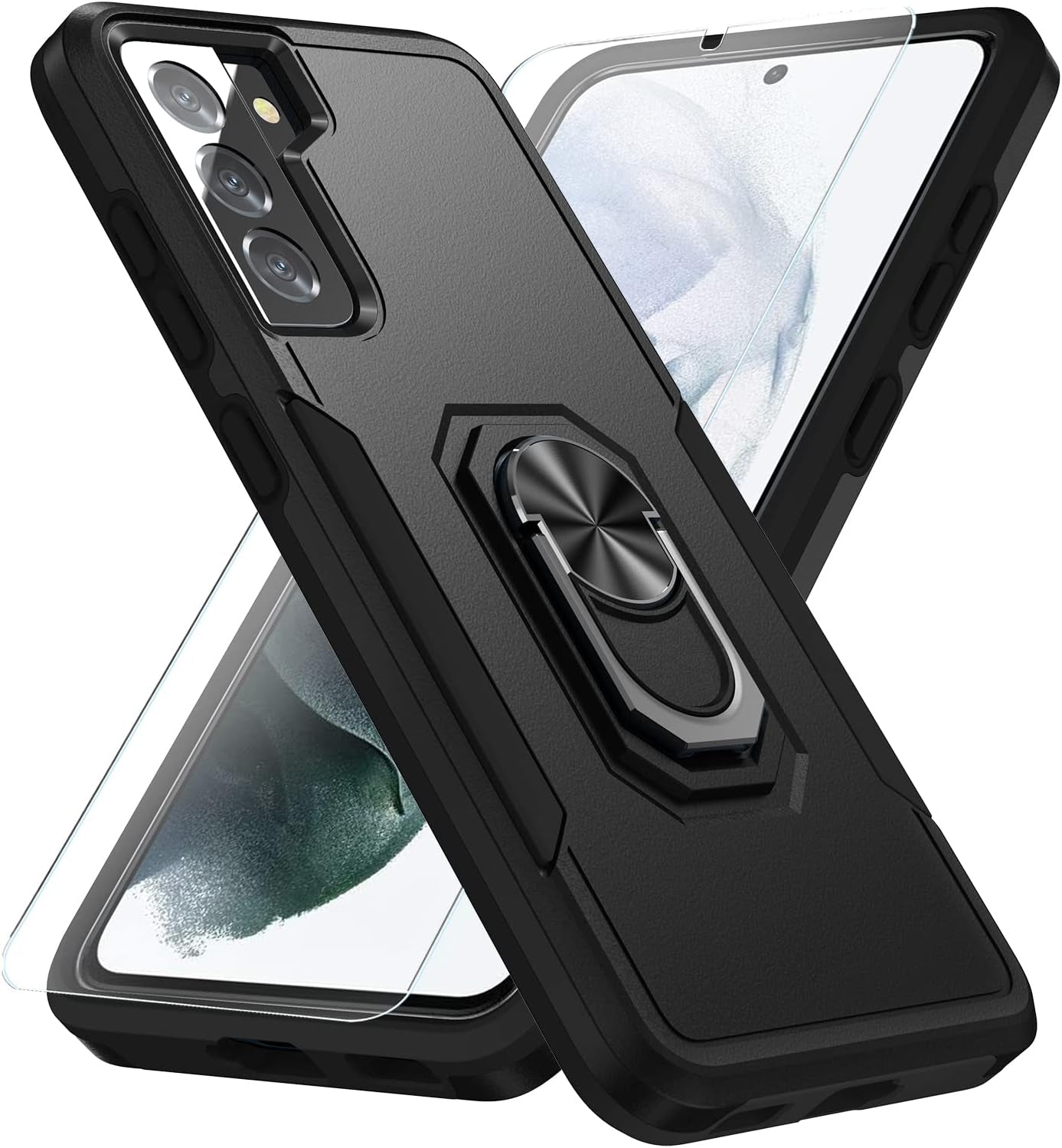 KSELF Galaxy S21 5G Case with Tempered Glass, Shockproof Military-Grade Phone Cover & Ring Kickstand, 6.2" (Pink) KSELF Black