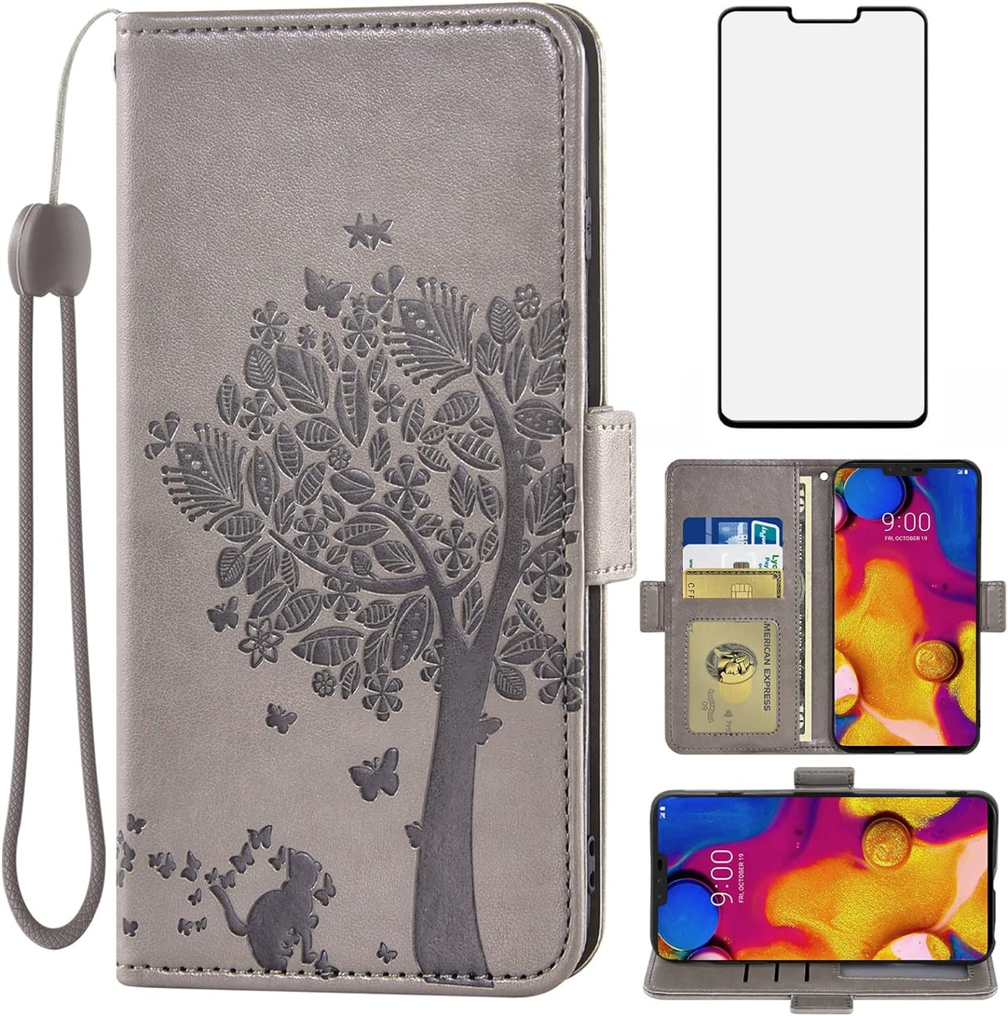 Asuwish Compatible with LG V40 Thinq Wallet Case and Tempered Glass Screen Protector Flip Wrist Strap Card Holder Cell Phone Cover for LGV40 Storm V 40 Thin Q V40Thinq LG40 40V 40Thinq Women Rose Gold Asuwish Gray For V40 Thinq / V40 / V40 Storm