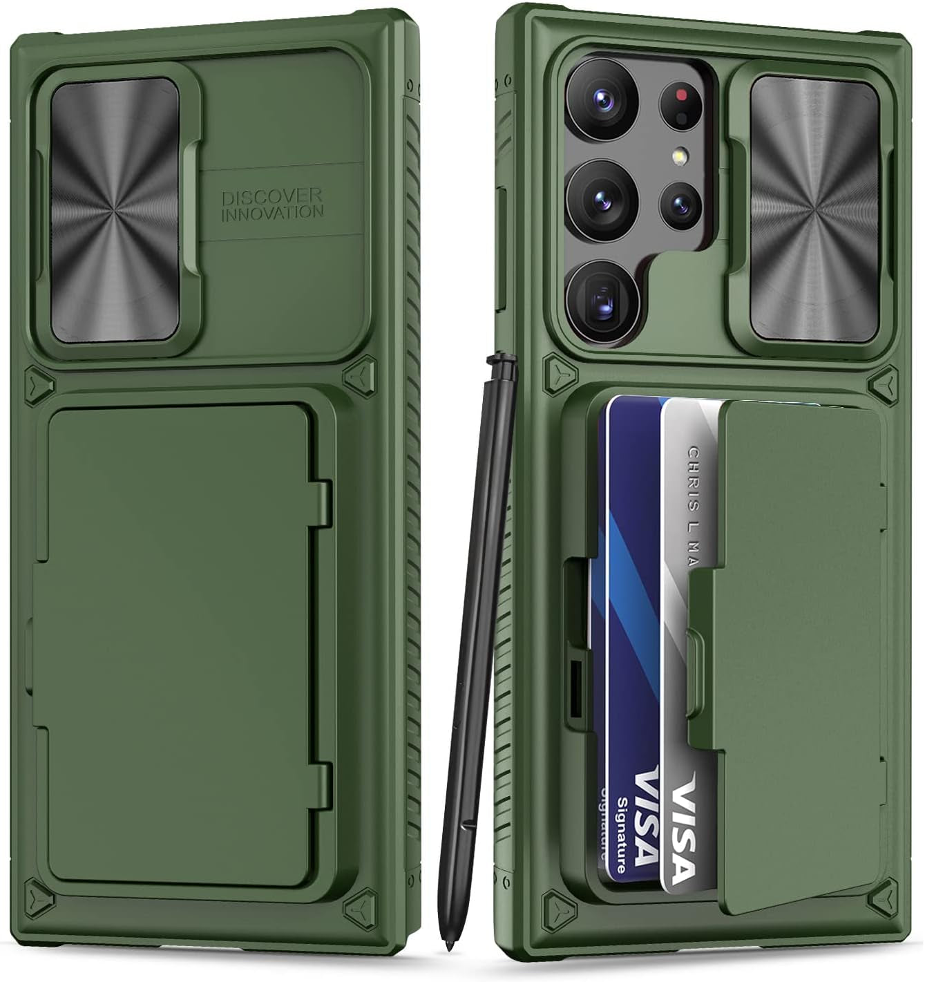 BXYJY Phone Case for Samsung Galaxy S23 Ultra with Card Holder & Kickstand & Slide Camera Cover, Protective Shockproof Phone Cover Wallet Case Compatible with Galaxy S23 Ultra 5G 2023, Blue BXYJY Dark Green