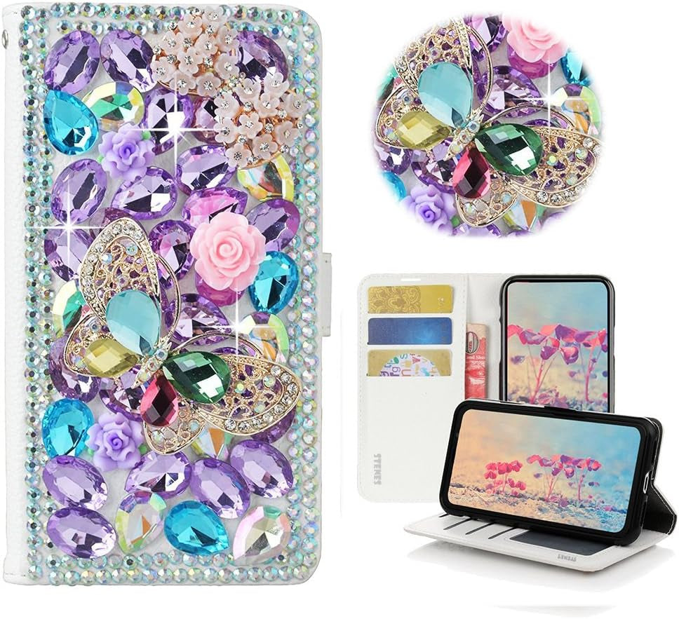 STENES LG G6 Case, LG G6 plus Case - STYLISH - 3D Handmade Bling Crystal Rose Butterfly Flowers Wallet Credit Card Slots Fold Stand Leather Cover Case for LG G6/LG G6 plus - Violet STENES Butterfly Flowers Bowknot Flowers / Light Purple