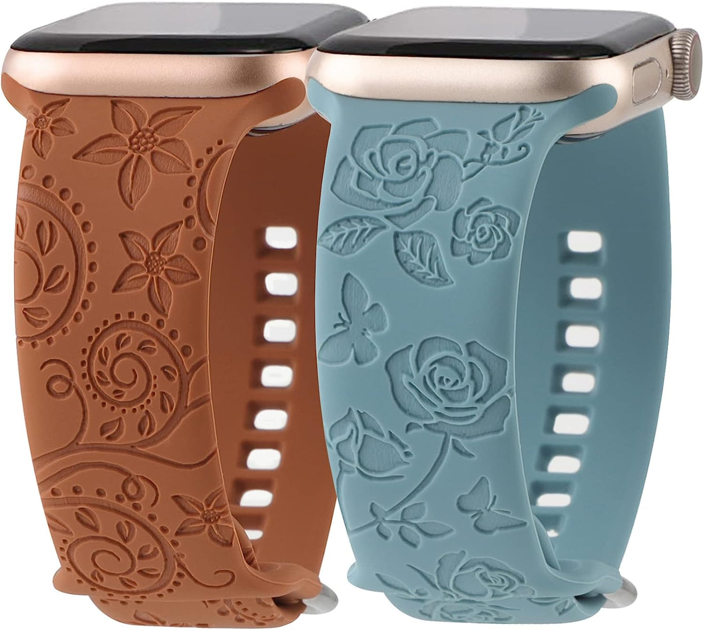 Flower Engraved Bands Compatible with Apple Watch Band 41Mm 40Mm 38Mm 44Mm 42Mm 45Mm 49Mm, Cute Women Floral Soft Silicone Sport Replacement Strap for Iwatch Series Ultra SE 8 7 6 5 4 3 2 1 TERKOWQI Brown Cactus 42mm/44mm/45mm/49mm