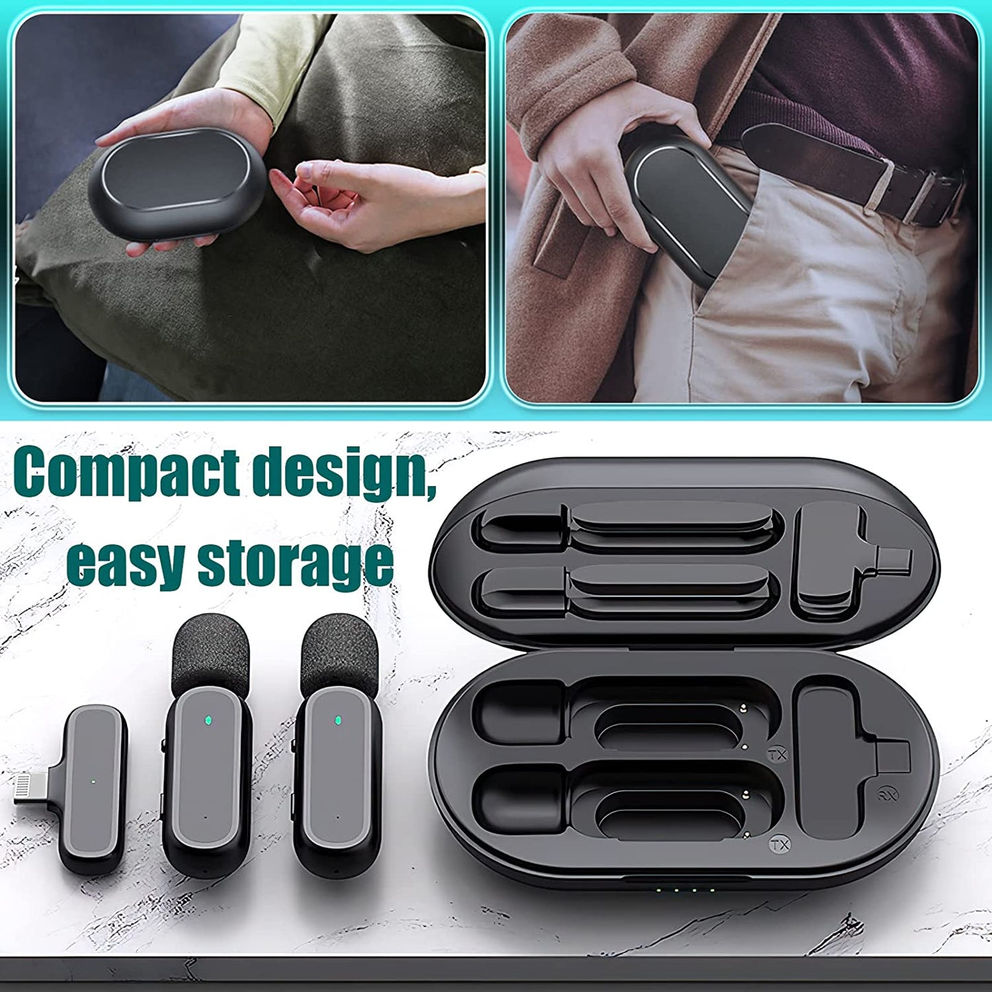 Wireless Microphones, 2 Pcs Wireless Lavalier Microphones with Charging Case , Professional Wireless Lavalier Microphone for Iphone and Ipad for Recording, Live Stream, Youtube, Facebook (Black) OPULENO