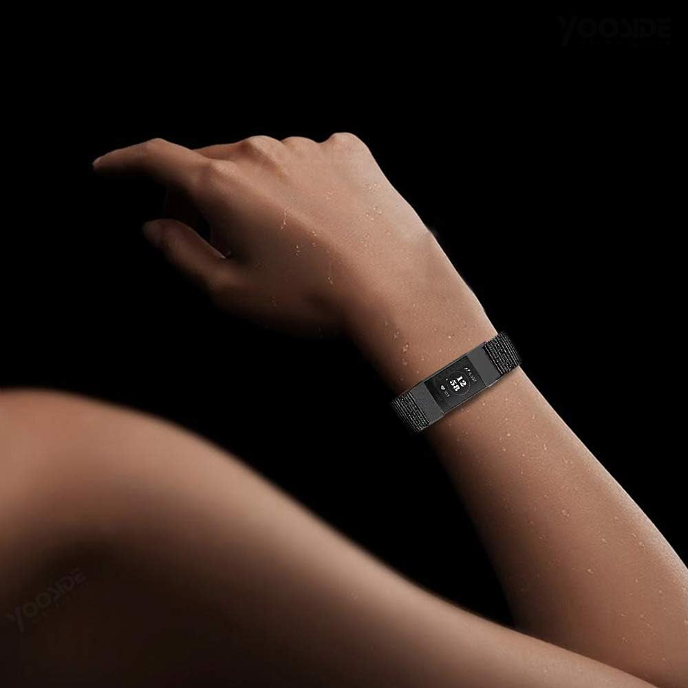 YOOSIDE Nylon Band for Fitbit Charge 3/Charge 4, NOTA Woven Nylon Band with Metal Stainless Steel Ring Wristband Strap for Fitbit Charge 4/4 Se(Black) YOOSIDE