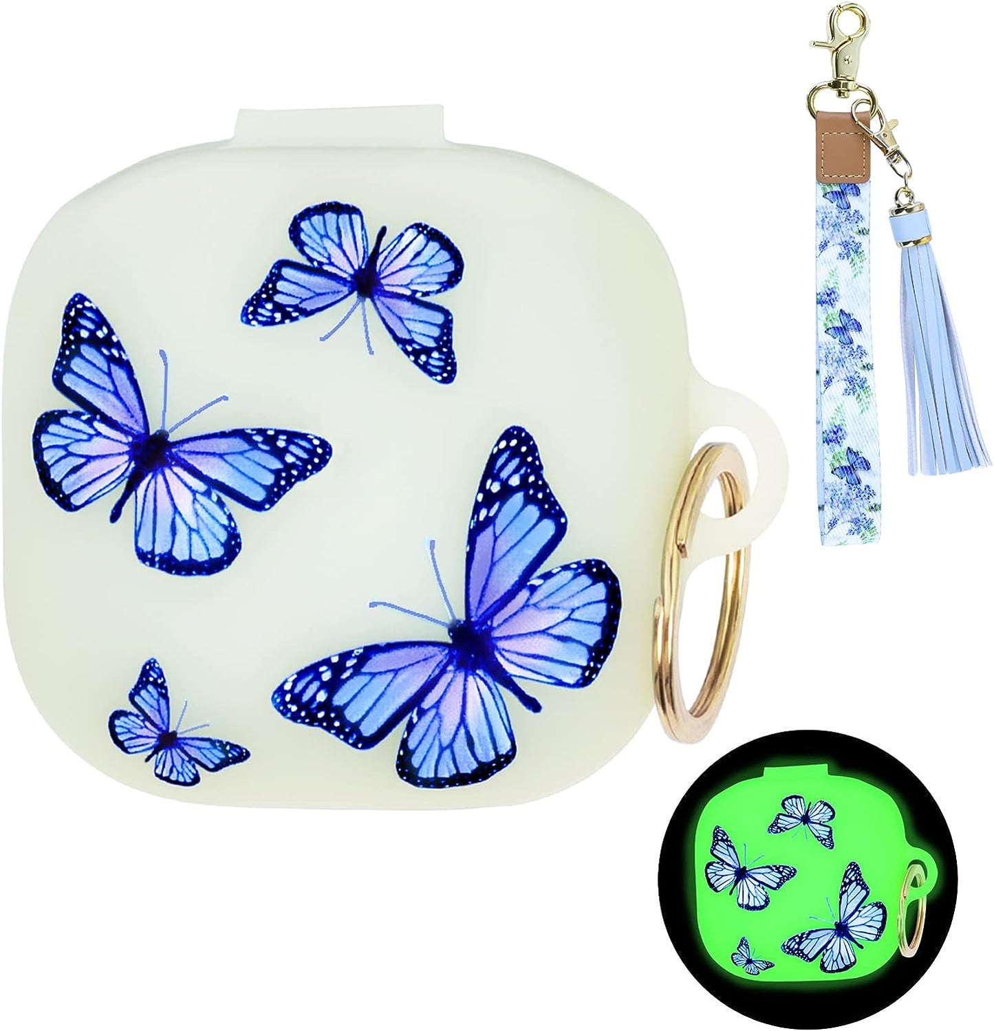 Beats Fit Pro Case Cover with Wristlet Keychain, Cute Luminous Beats Fit Pro Case YOPICKERN Silicone Earbuds Case with Wrist Key Lanyard for Beats Fit Pro 2021/2022, Gift for Women, Pink YOPICKERN Butterfly(Luminous)