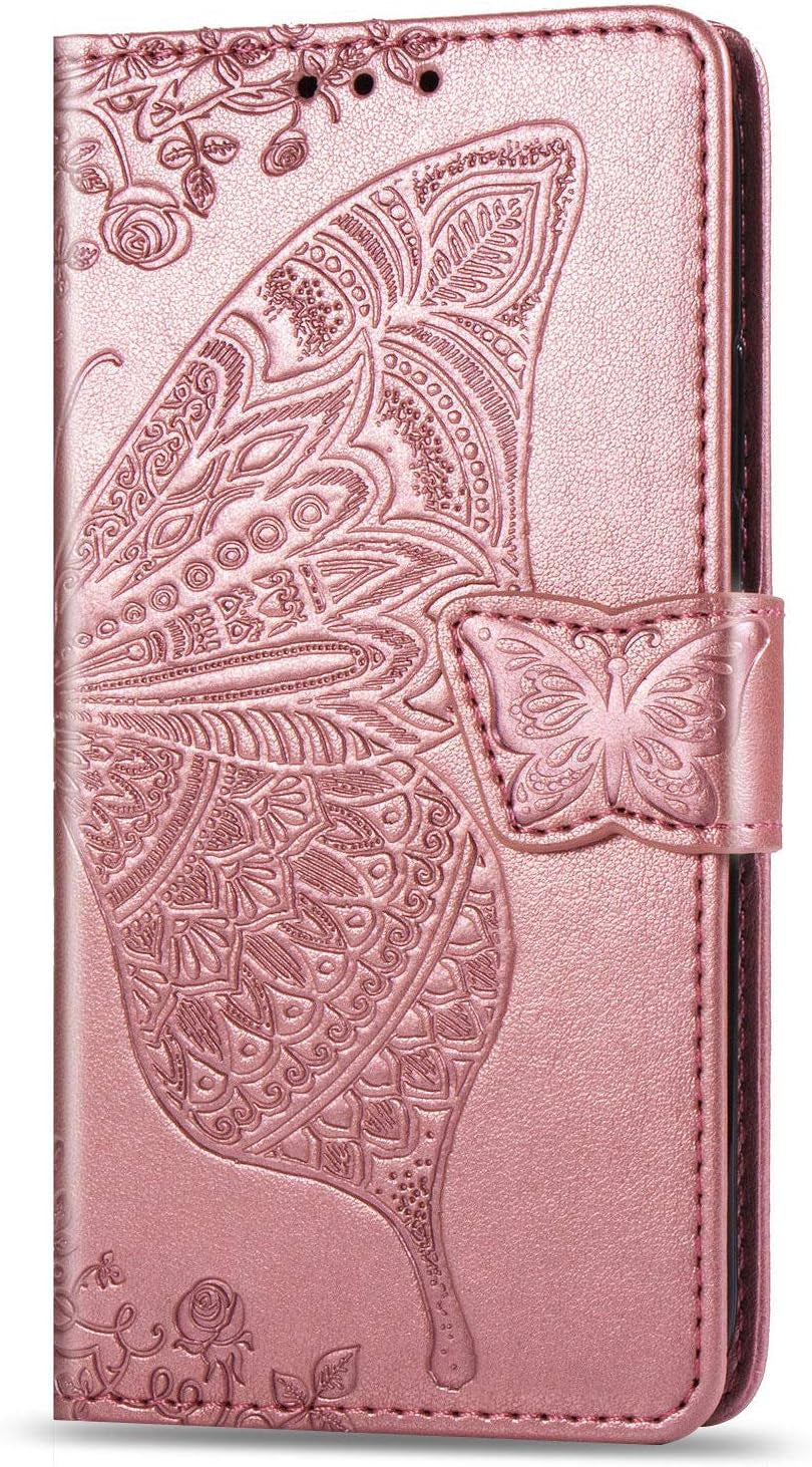 ZYZX LG G8 Thinq Wallet Case,3D Butterfly Flower LG G8 Thinq PU Leather Flip Phone Shell, with Credit Cards Slot and Stand Shockproof Magnetic Protective Cover-Hzd ZYZX Rose Gold