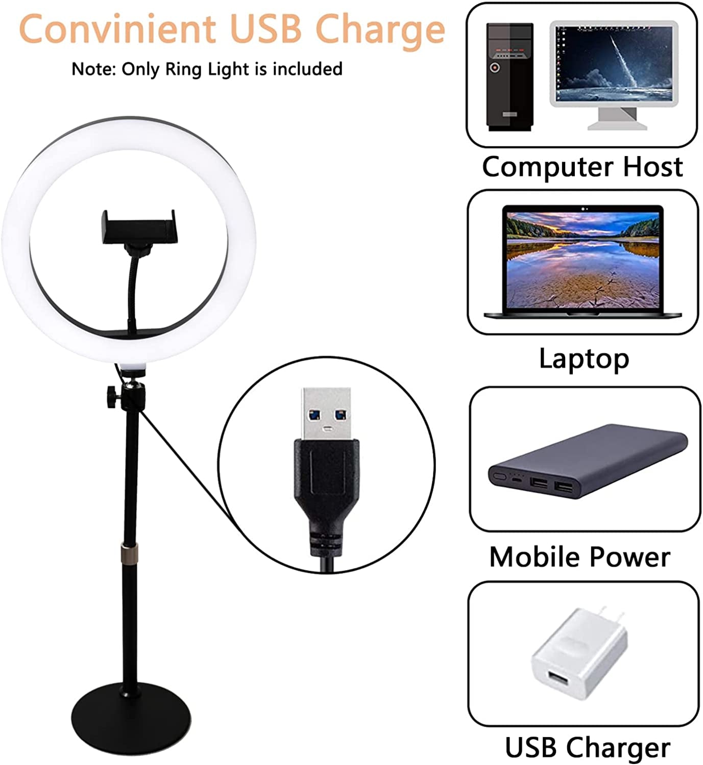 10" Desktop Ring Light with Stand and Phone Holder, Selfie Computer LED Circle Light with 3 Light Modes, for Zoom Meetings Calls Online Video tenwei