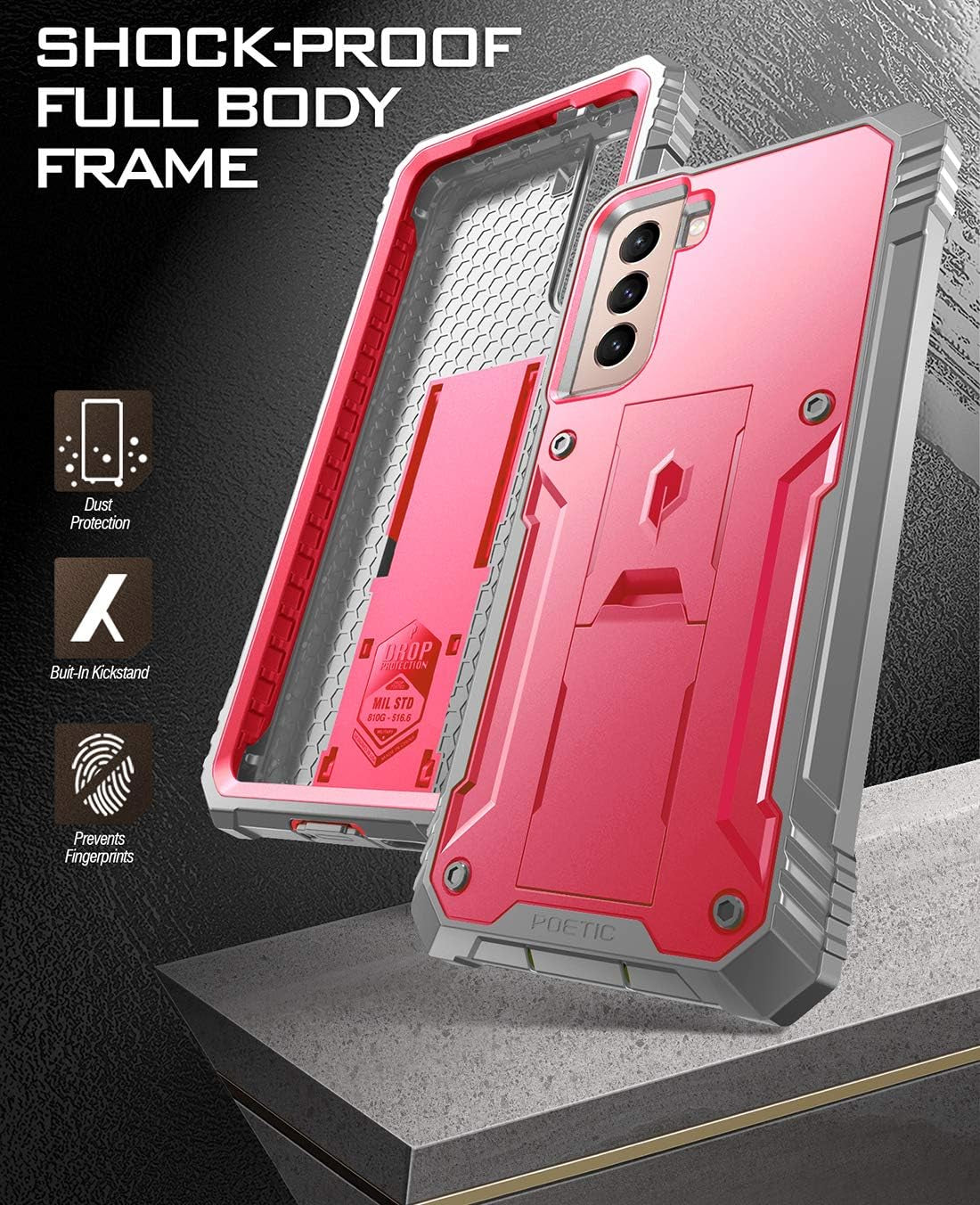 Poetic Revolution Case for Samsung Galaxy S21+ plus 5G 6.7 Inch, Built-In Screen Protector Work with Fingerprint ID, Full Body Rugged Shockproof Protective Cover Case with Kickstand, Pink Poetic