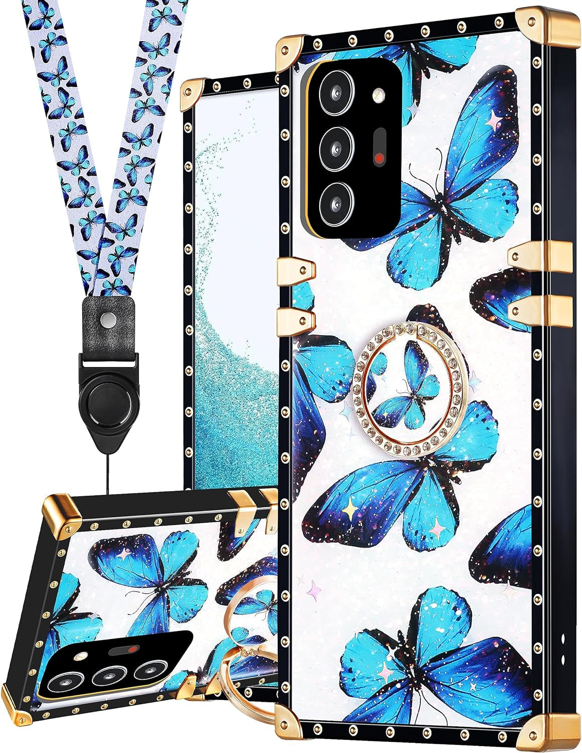 Loheckle for Samsung Galaxy Note 20 Ultra Case for Women, Designer Square Cases for Galaxy Note 20 Ultra with Ring Stand Holder and Lanyard, Stylish Bees Luxury Cover for Note 20 Ultra 6.9'' Loheckle Butterfly Samsung Galaxy Note 20 Ultra