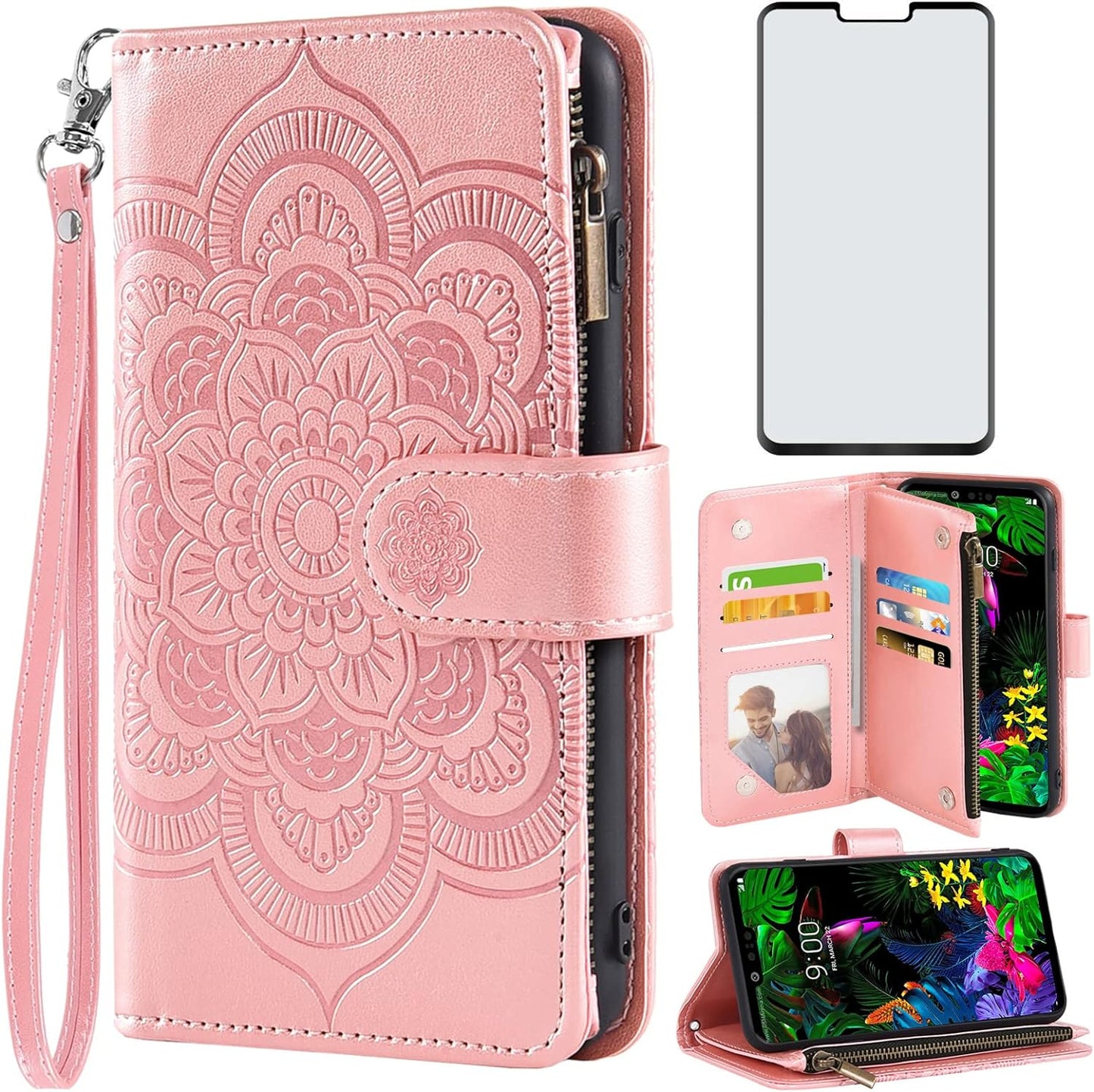 Asuwish Compatible with LG G8 Thinq Wallet Case and Tempered Glass Screen Protector Flower Leather Flip Card Holder Stand Cell Phone Cover for LGG8 Thin Q G 8 LG8 G8Thinq Lgg8Thinq 8G Women Men Blue Asuwish Rose Gold For Lg G8 Thinq / G8