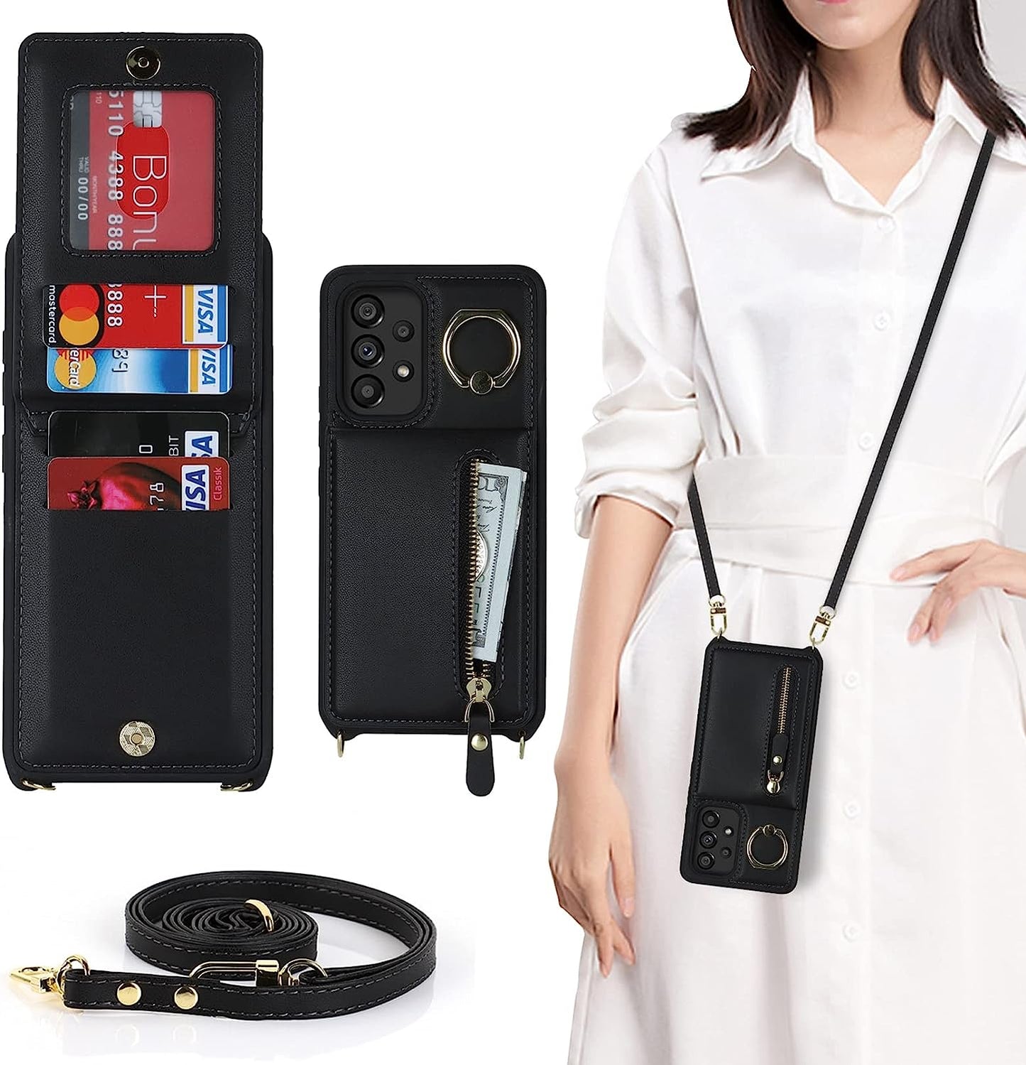 Jaorty Samsung Galaxy A53 5G Phone Case for Women with Card Holder,Samsung A53 Case Wallet Crossbody Lanyard with Strap,Credit Card Slots Kickstand Case with Ring Holder,6.5 Inch,Black Leopard Jaorty Style 2 Ring Holder - Black