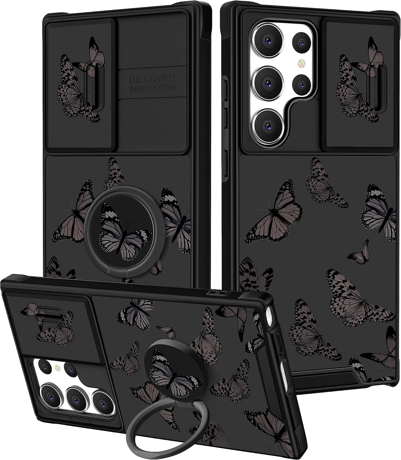 Funermei (2In1 for Samsung Galaxy S22 Ultra Case for Women Cute Butterfly Girls Phone Cover Girly Pretty Aesthetic Butterfly Design with Camera Cover and Ring Stand Funda for S22 Ultra Case 5G Funermei 1-For S22 Ultra-Black Butterfly