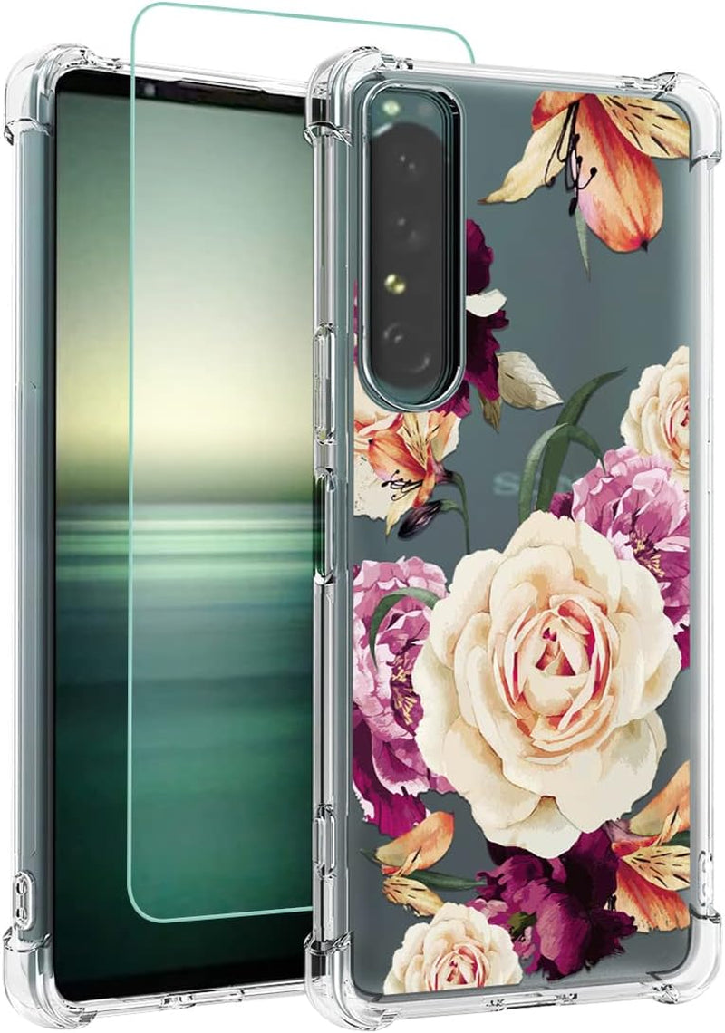 Osophter for Xperia 1 IV Case Clear Flower Floral with Screen Protector for Girls Women Shock-Absorption Flexible TPU Rubber Phone Cover for Sony Xperia 1 Iv(Clear) Osophter Sony Xperia 1 Iv Case-Purple Flower
