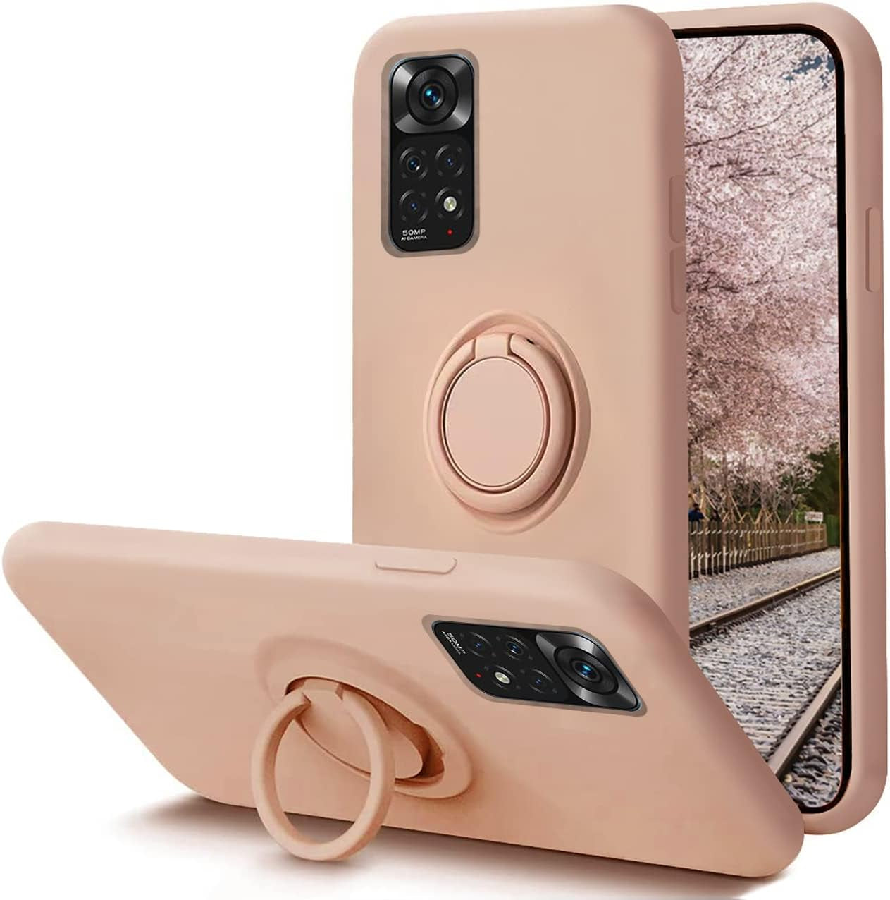 Case for Xiaomi Poco M4 Pro 5G Silicone Liquid,Soft Gel Microfiber Lining Cushion Bumper for Xiaomi Poco M4 Pro 5G with Ring Holder Kickstand Support Magnetic Case Black Leton Pink