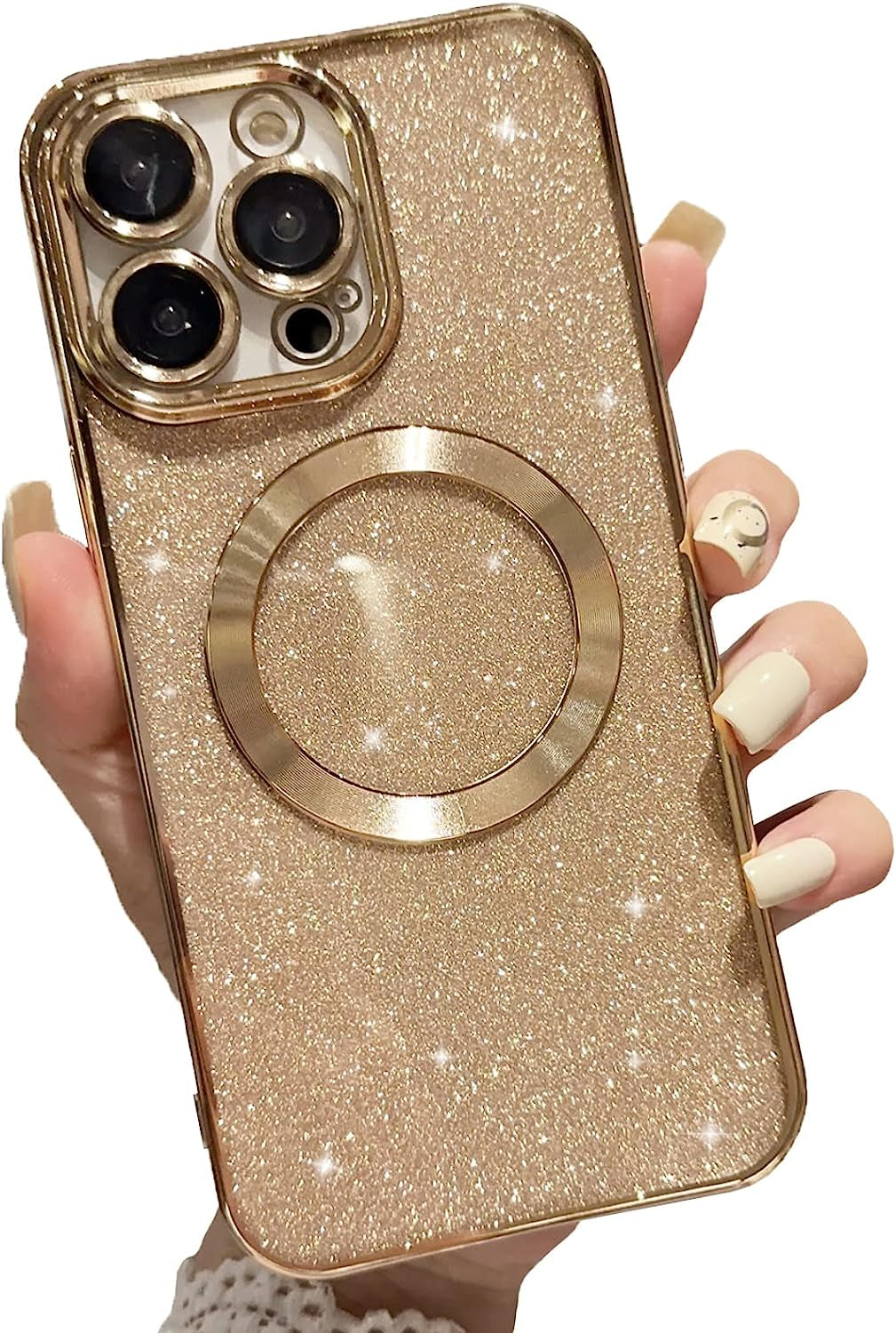Aowner Magnetic Case for Iphone 14 Pro Glitter Case, Luxury Plating Cute Bling with Camera Lens Protector, Compatible with Magsafe, Slim Thin for Women Girls Protective Clear Phone Case, Black aowner