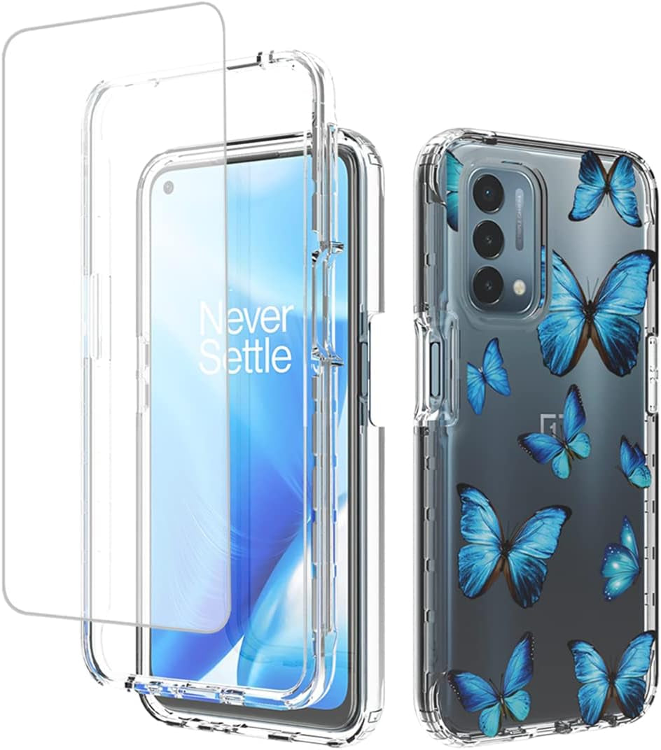 Ueokeird Case for Oneplus Nord N200 5G Case, DE2117 Case with Tempered-Glass Screen Protector, Clear Butterfly Pattern Full Body Protective Phone Cover Cases for Oneplus Nord N200 5G (Butterfly Tree) Ueokeird Blue Butterfly