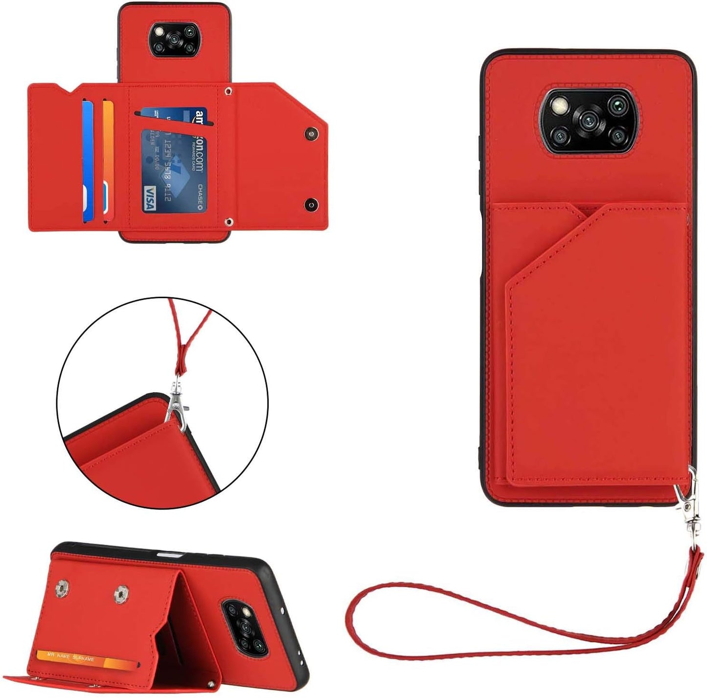 Leton-Us Compatible with Xiaomi Mi Poco X3 NFC Case Magnetic Leather Flip Wallet Case for Xiaomi Mi Poco X3 NFC Lanyard Card Holder Hard PC Bumper Card Slot Cash Holder Girls Cover Blue Leton-US Red