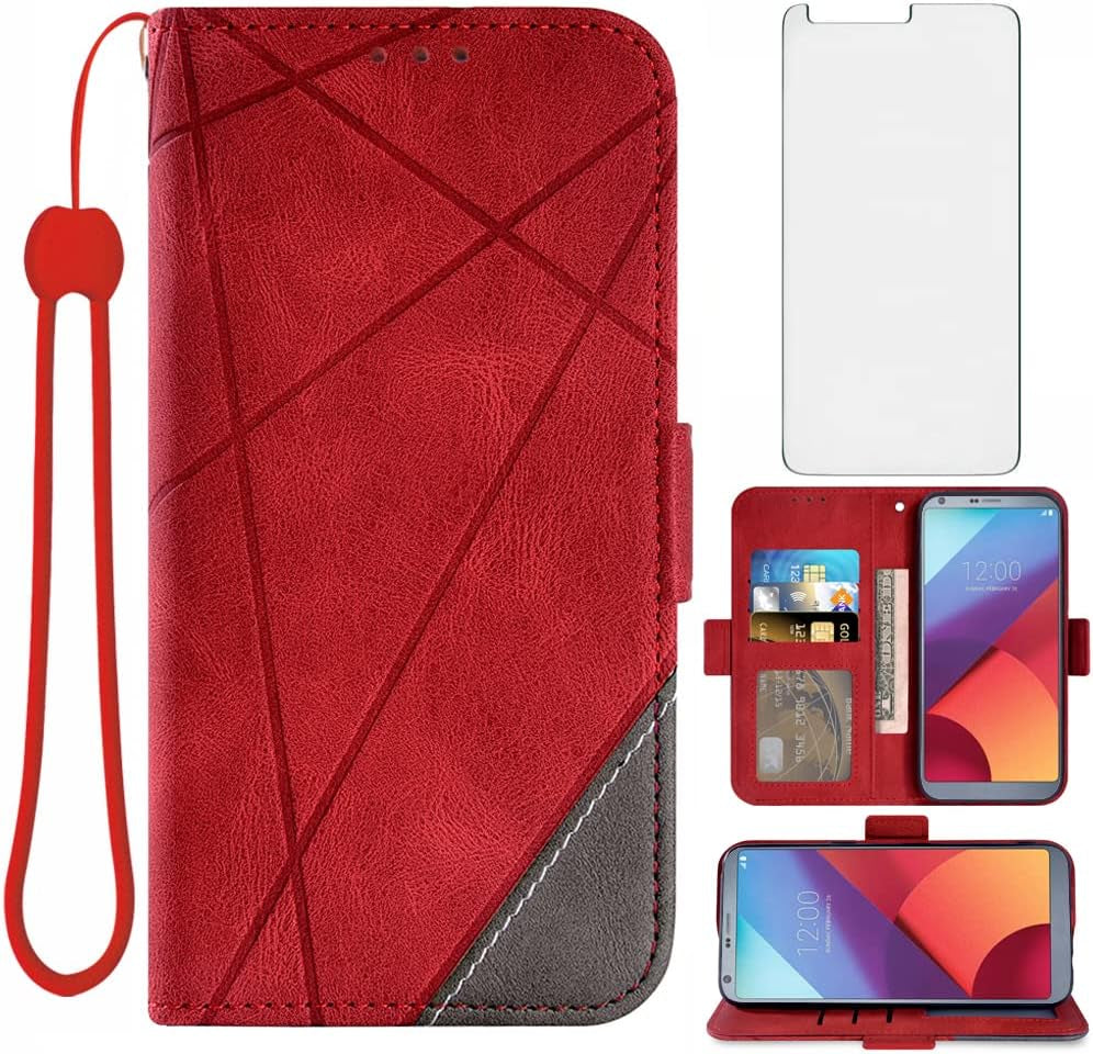 Asuwish Compatible with LG G6 Wallet Case and Tempered Glass Screen Protector Leather Flip Cover Card Holder Stand Cell Phone Cases for LGG6 Thinq LG6 Thin Q G 6 plus G6+ 6G VS988 H872 Women Men Blue Asuwish Red