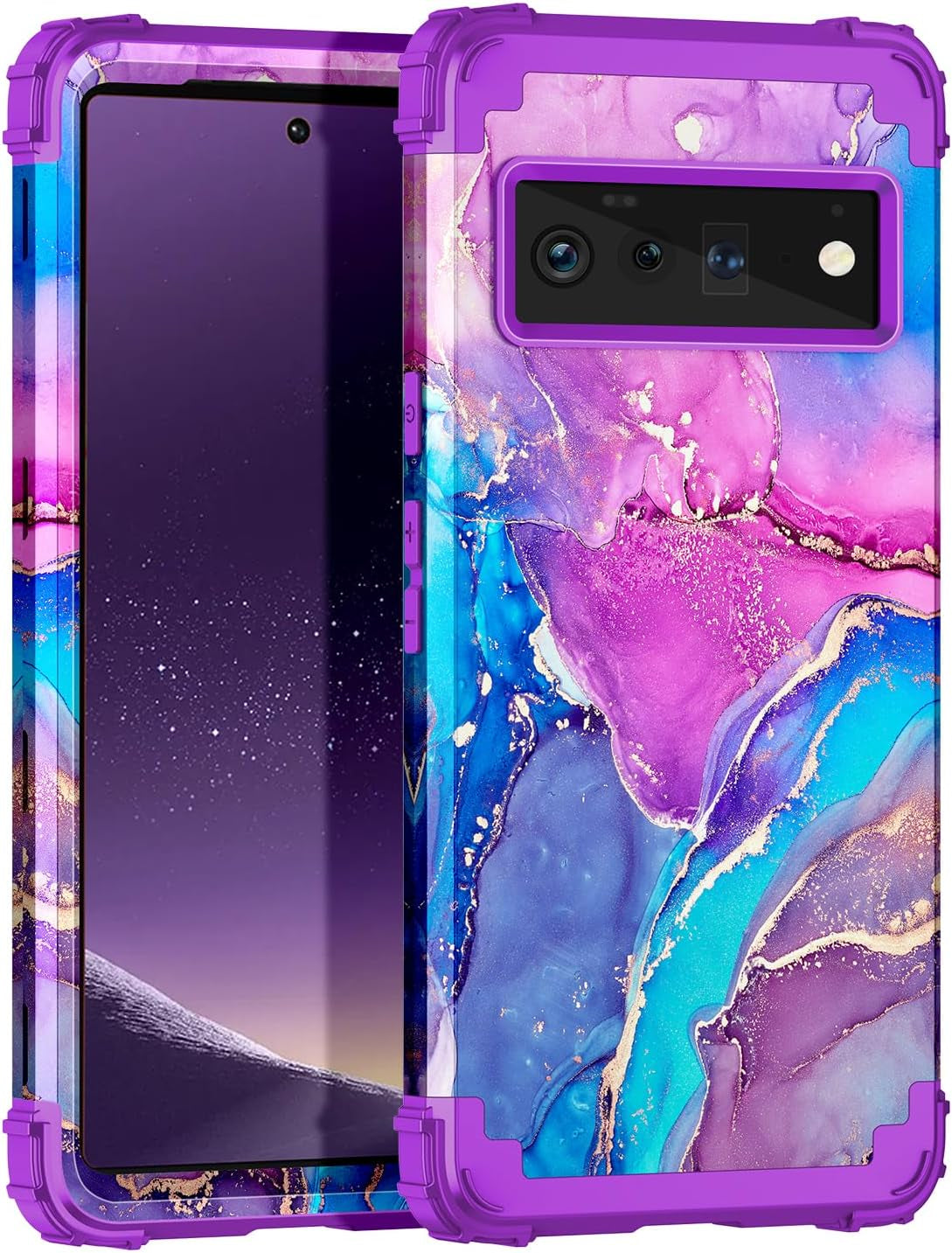 Hekodonk for Google Pixel 6 Pro Case,Heavy Duty Shockproof Protection Hard Plastic+Silicone Rubber Hybrid 3 in 1 Drop Protective Case for Google Pixel 6 Pro White Flower Hekodonk Purple Blue