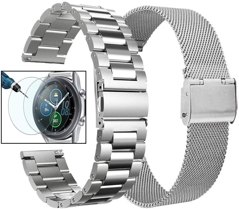 Valkit Compatible Samsung Galaxy Watch 42Mm/Galaxy Watch 5/4 40Mm 44Mm/Galaxy Watch Pro 5 45Mm/Galaxy Watch 3 41Mm Band, 2 Pack 20Mm Stainless Steel Wristbands Men Women for Galaxy Watch Active VKT Polished Sliver 41mm/42mm