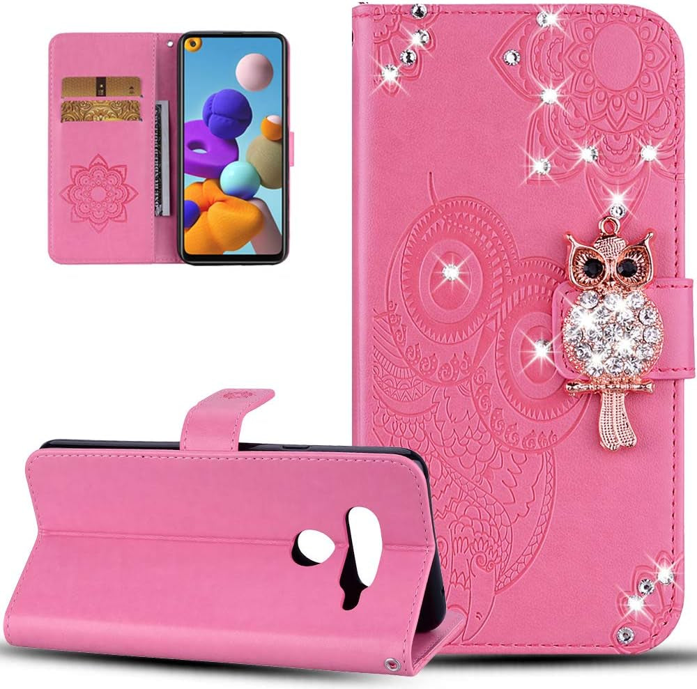 ISADENSER Case for LG V40 Thinq, LG V40 Thinq Case for Women Glitter Bling Diamond Case with Cards Slot Cash Pockets Embossing PU Leather Flip Wallet Case for LG V40 Thinq, Crystal Owl Brown YK ISADENSER Rose