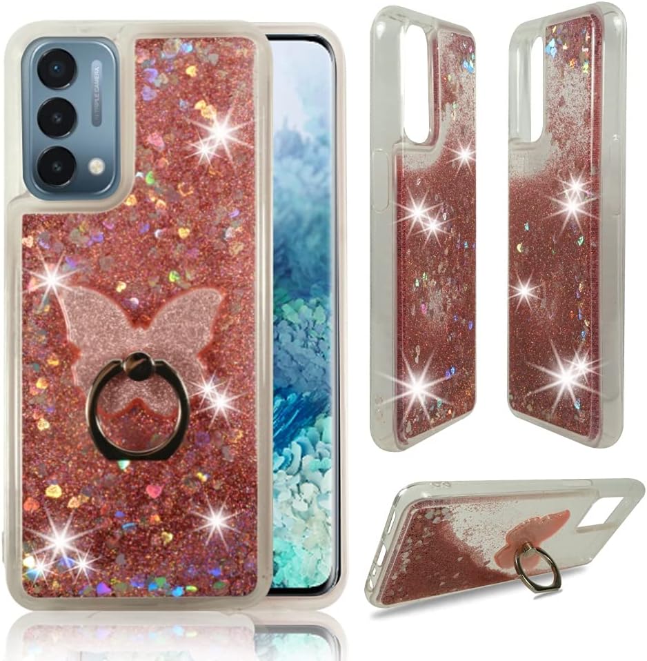 Zase Design Clear Case for Oneplus Nord N200 5G Liquid Glitter Sparkle Bling Cute Girls Women Protective Flexible Soft Cover Floating Quicksand W/Phone Ring Holder Stand (Purple) Zase Pink Rose