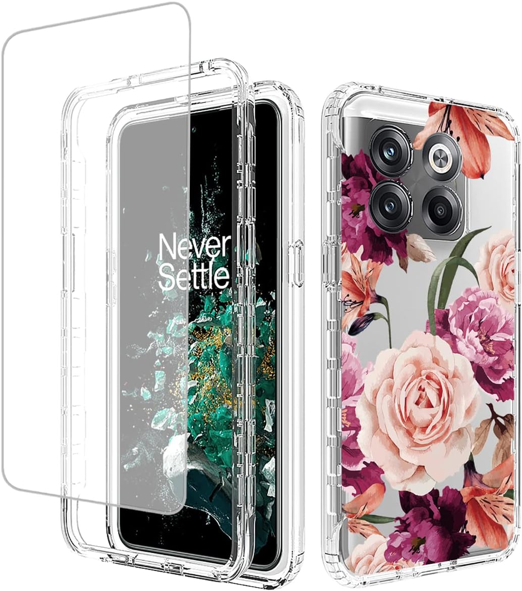 Ueokeird Case for Oneplus 10T 5G/Oneplus Ace Pro Case, CPH2415 Case with Tempered-Glass Screen Protector, Clear Butterfly Pattern Full Body Protective Phone Cover for Oneplus 10T 5G (Blue Butterfly) Ueokeird Purple Flower
