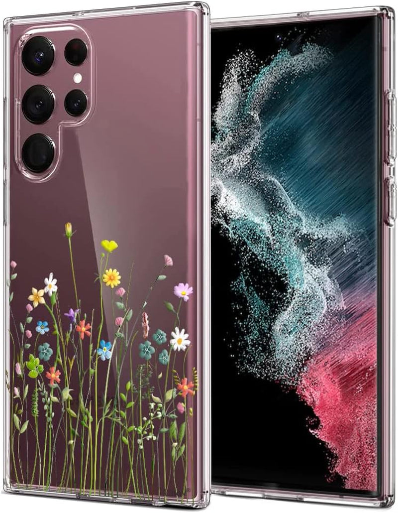 Unov Case Compatible with Galaxy S22 Ultra Case Clear with Design Soft TPU Shock Absorption Slim Embossed Pattern Protective 6.8 Inch (Sierra Mountains) Unov Flower Bouquet