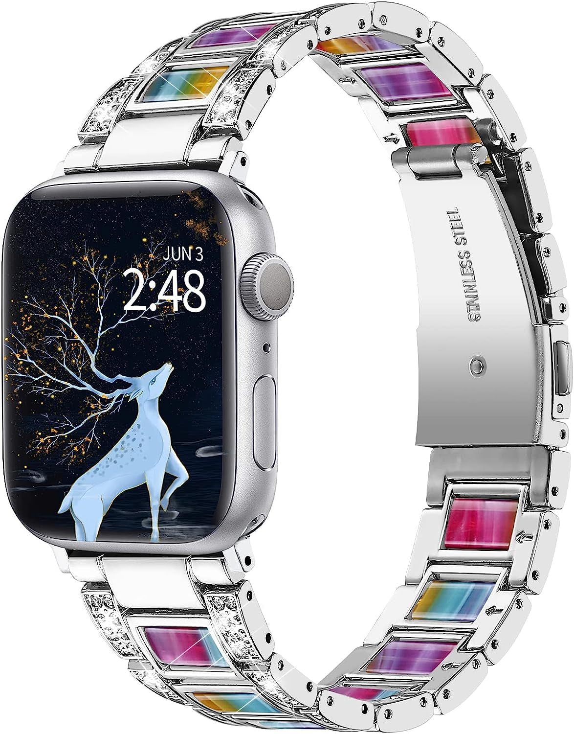 BEIZIYE Resin Bands Compatible with Apple Watch Ultra Band 49Mm 45Mm 44Mm 42Mm 41Mm 40Mm 38Mm Women, Thin Light Slim Resin Strap Bracelet Wristband Is for Iwatch Ultra Series 8 7 6 5 4 3 2 1 SE BEIZIYE Silver and Rainbow 38mm/40mm/41mm