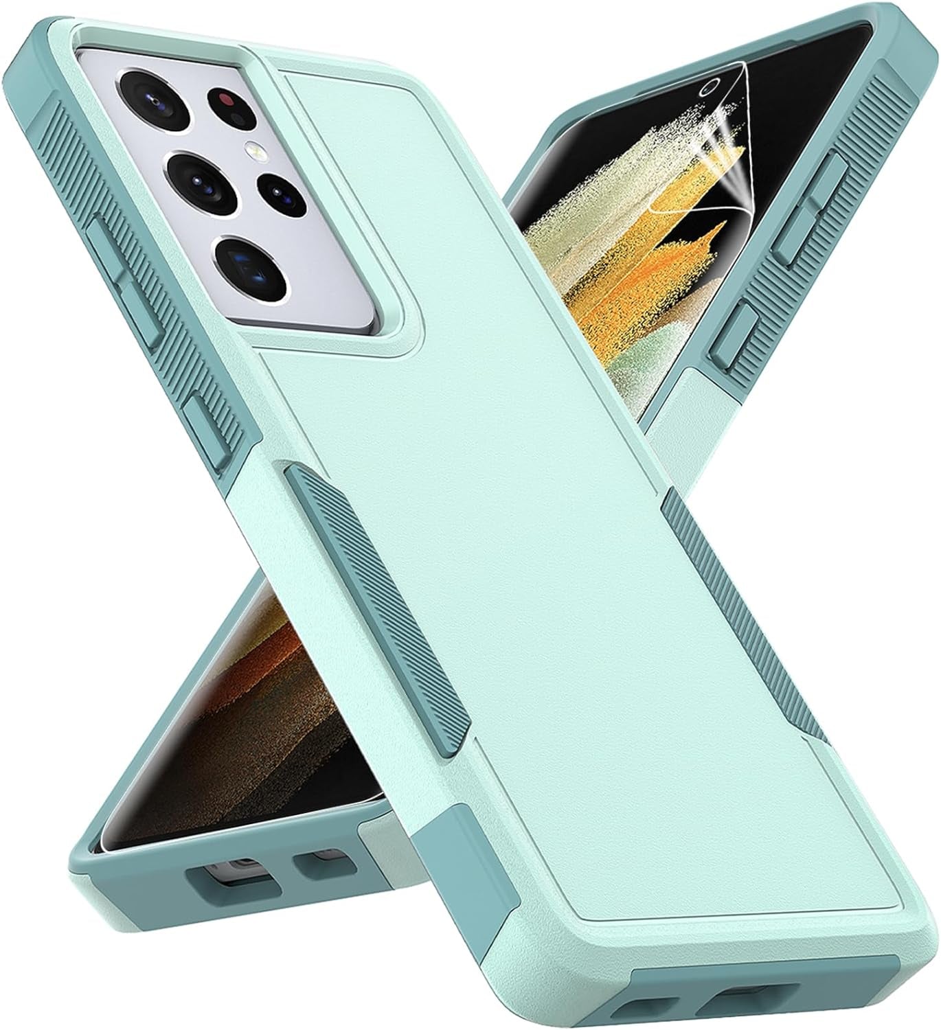 For Samsung Galaxy S21 Ultra Case: Dual Layer Protective Heavy Duty Cell Phone Cover Shockproof Rugged with Screen Protector - Military Protection Bumper Tough - Samsung Galaxy S21 Ultra 5G, Black Jinxian Co., Ltd. Mint Green (Pc) + Mint Green (Tpu)