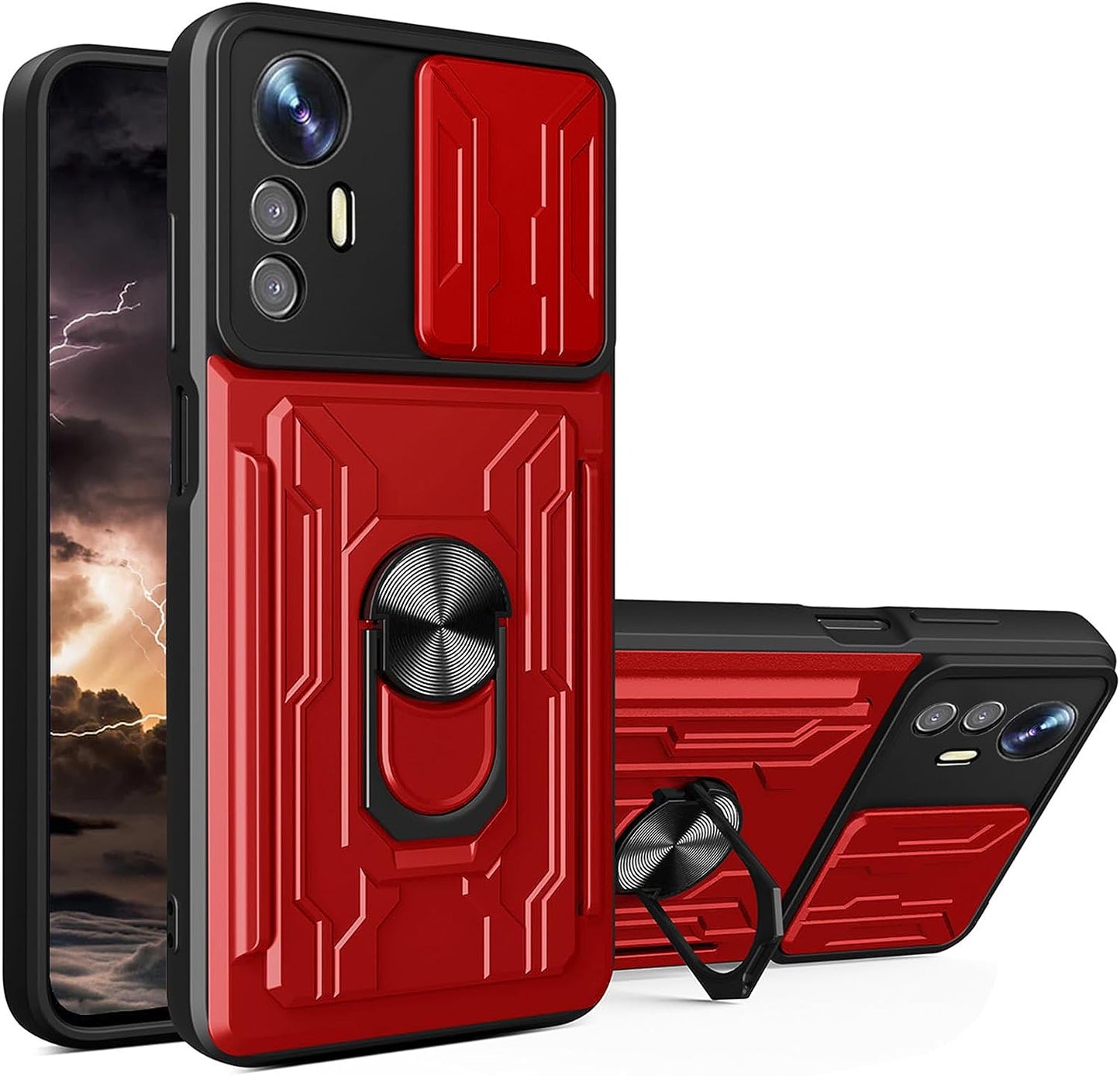 Tncavo for Xiaomi Redmi Note 12S Case with Card Holder, Military Grade Shockproof Heavy Duty Protective with Rotating Ring Kickstand & Camera Cover for Xiaomi Redmi Note 12S LJ Black Tncavo Red Full