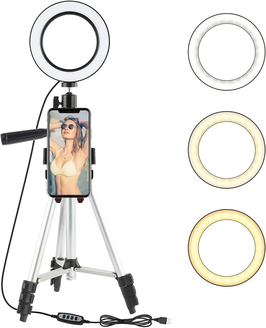 5.7" Ring Light with Tripod Stand and Cell Phone Holder, Mini LED Camera Light Selfie Ring Light Table Lamp for Live Stream, Youtube Video, Makeup, Photography Lighting Compatible with Iphone Android oenbopo