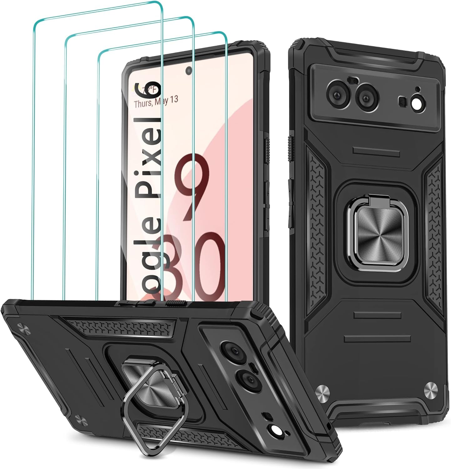 Google Pixel 6 Case, Google Pixel 6 Case with 3 Pcs Tempered Glass Screen Protector, Built in Magnetic Ring Kickstand Military-Grade Hard PC TPU Shockproof Aromr Case for Google Pixel 6 - Rose Gold GAMEMIUZ Black