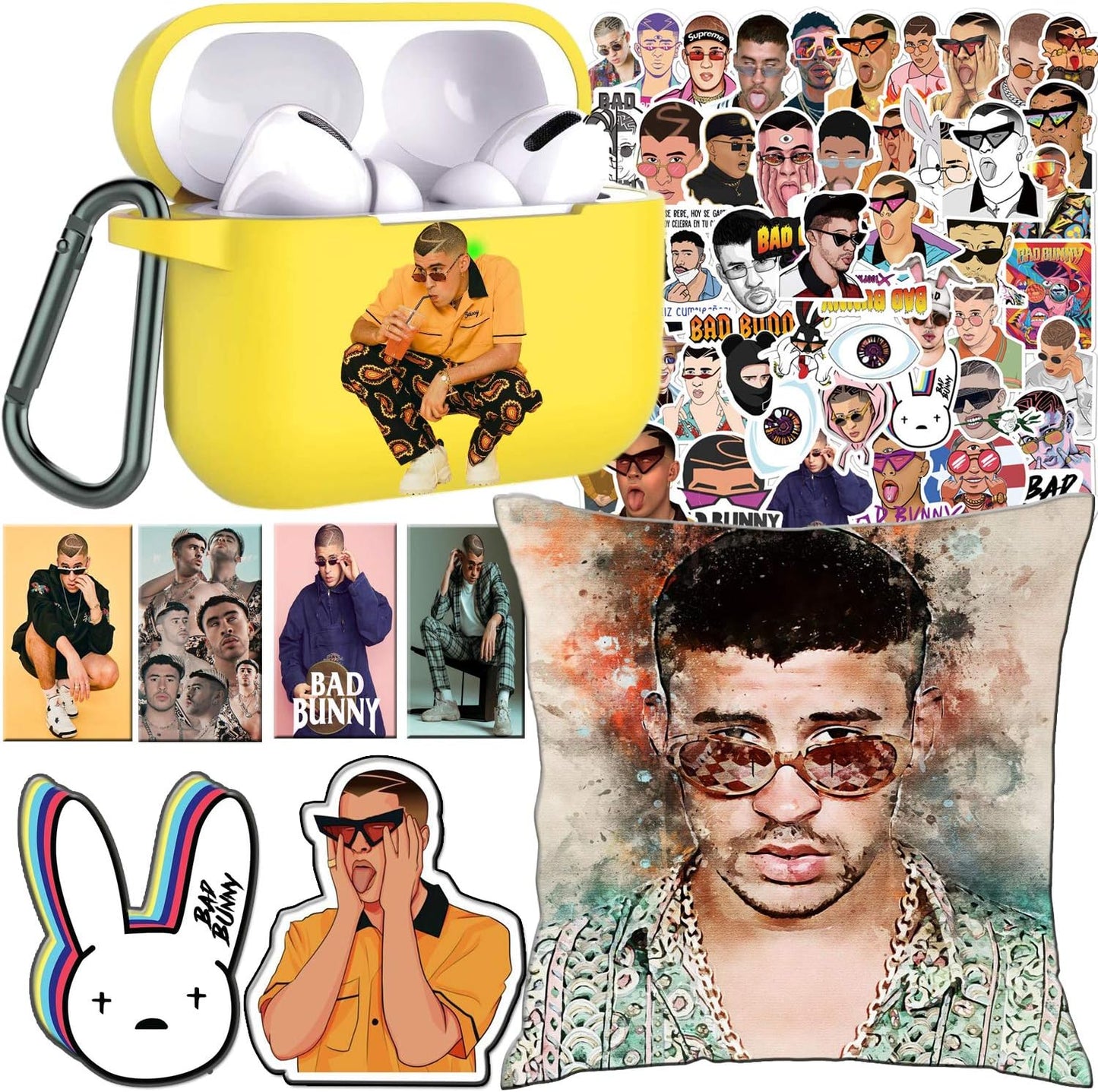 ADFER Bad Bunny 50 Pcs Stickers Bracelet Poster Phone Holder Lomo Cards Button Face Mouth Covers Necklace Compatible with Airpods 1&2/Airpods Pro/3 (1&2, Yellow) ADFER Yellow 3/PRO