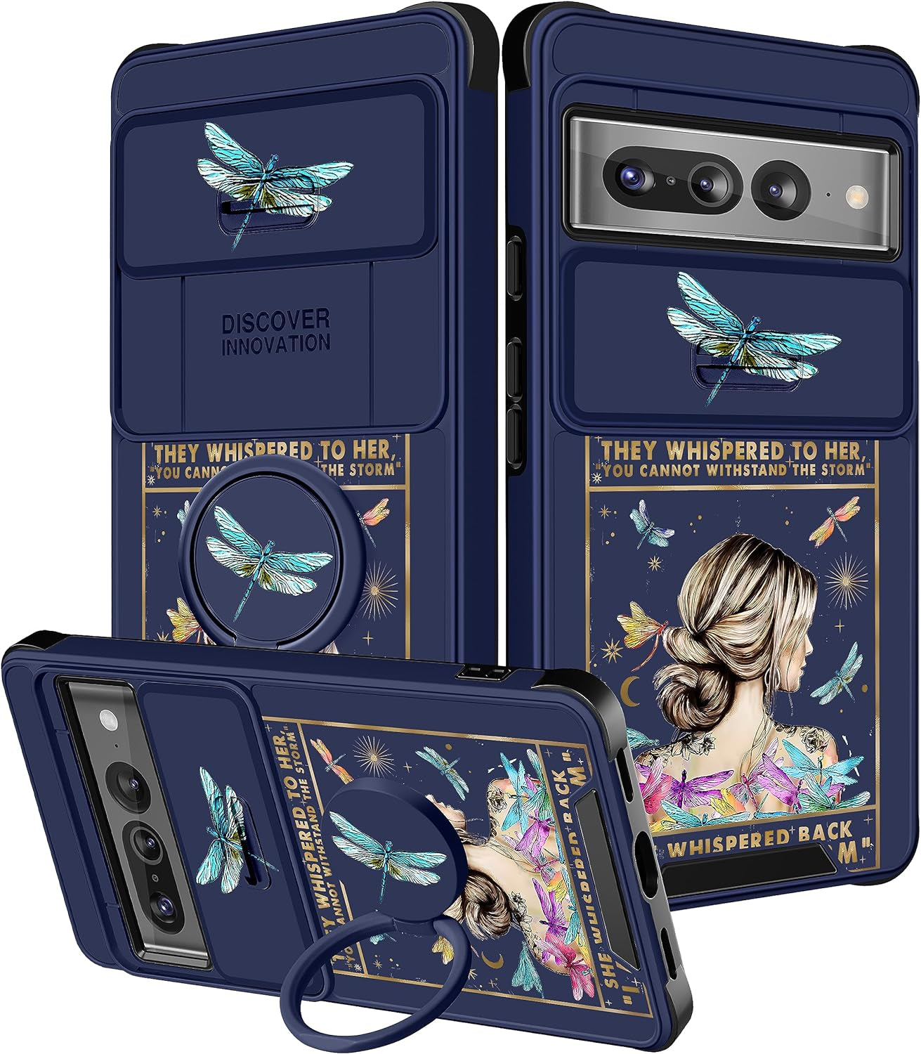 Funermei (2In1 for Google Pixel 7 Pro Case for Women Cute Butterfly Phone Cover Girls Teens Flower Pretty Aesthetic Green Design with Camera Cover and Ring Stand Funda for Google Pixel Pro 7 Case Funermei 5-For Pixel 7 Pro-Girl Back