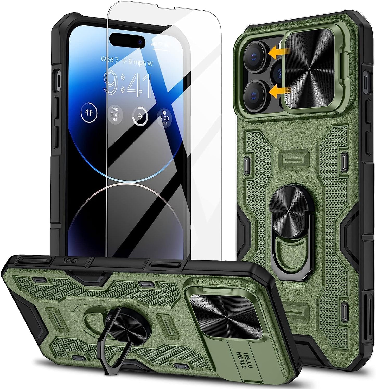 NULETO Case with Screen Protector & Stand & Slide Camera Cover, Full-Body Rugged Shockproof Protective Cover for Iphone 14 Pro Max Built-In 360° Rotate Ring Kickstand - Black Nuleto Green