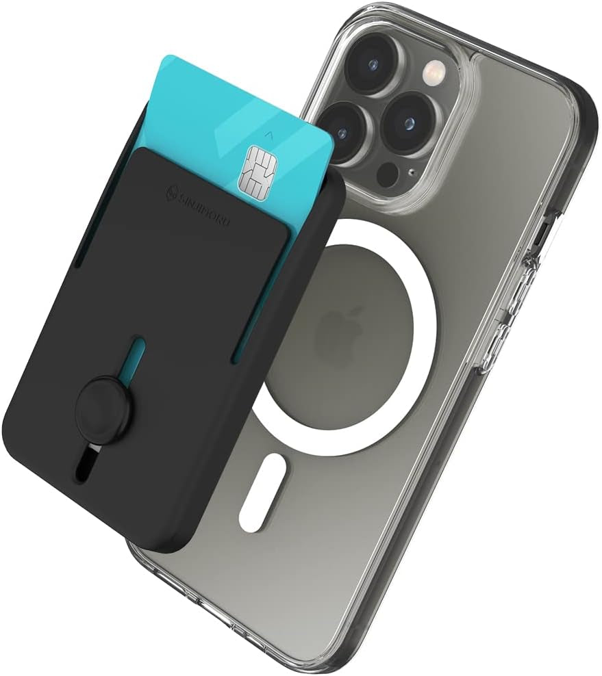 Sinjimoru Pop up Phone Wallet for Magsafe, Magnetic Phone Credit Card Holder for Back of Cell Phone Case with Quick Access for Iphone 12, 13 & 14 Series. M-Button Wallet Matte Clear Sinjimoru Co.Ltd Black