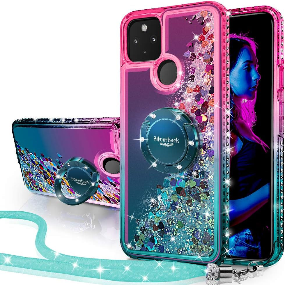 Silverback for Google Pixel 5 Case, Moving Liquid Holographic Sparkle Glitter Case with Kickstand, Girls Women Bling Diamond Ring Slim Protective Case for Google Pixel 5 5G -Purple Silverback Green -Google Pixel 5
