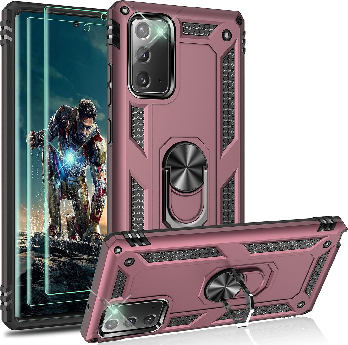 Ymhxcy Galaxy Note 20 Case, Samsung Note 20 5G Case, Armor Grade Cases with Rotating Holder Kickstand Non-Slip Hybrid Rugged Phone Case for Samsung Galaxy Note 20 6.7"-KK Dark Green YmhxcY Rose Gold