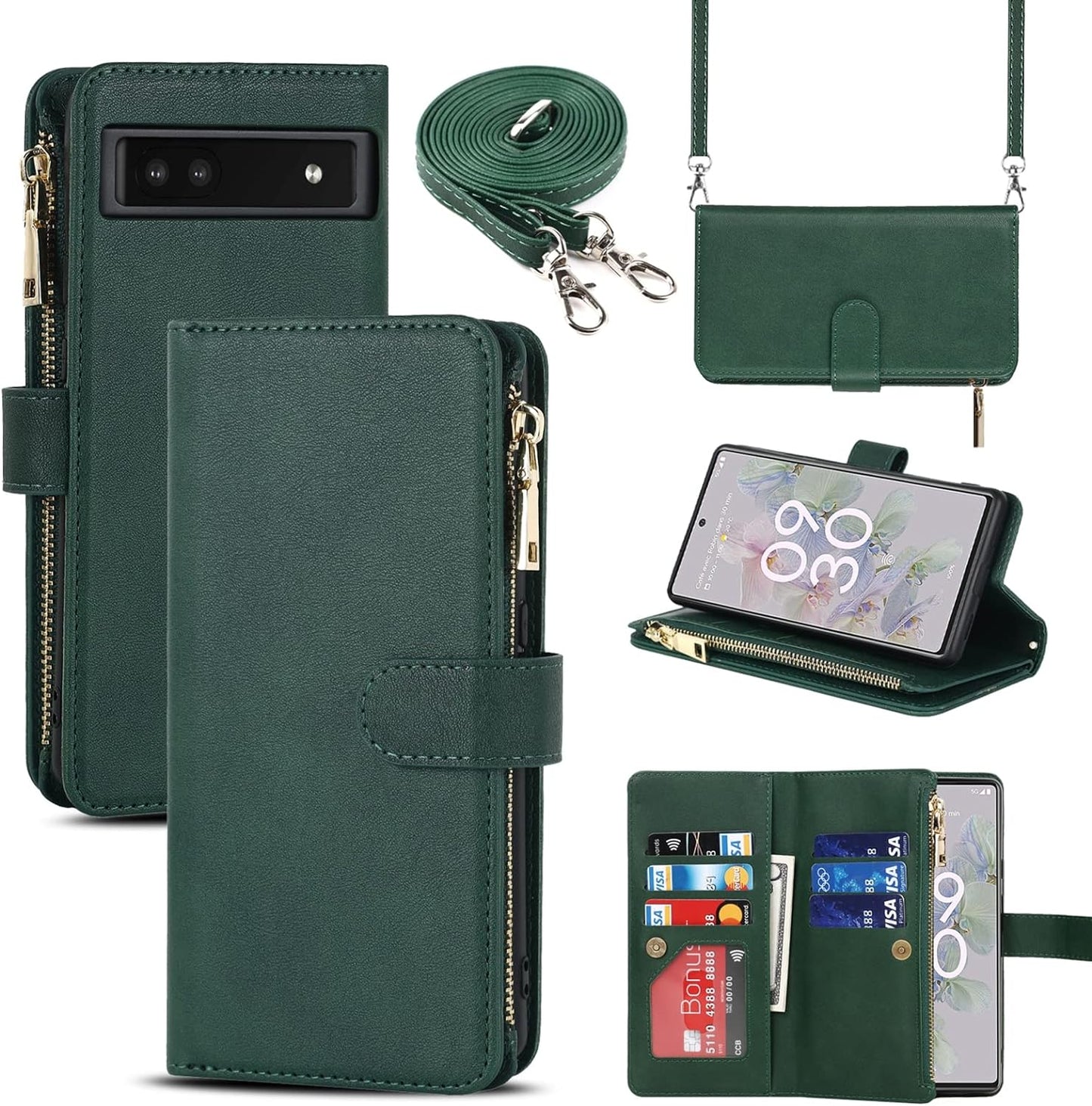 Jaorty Google Pixel 6A Case for Women with Card Holder 6.1" 5G 2022,Google Pixel 6A Phone Case with Strap,Crossbody Lanyard Cases with Credit Card Slots with Stand,Burgundy Jaorty Dark Green