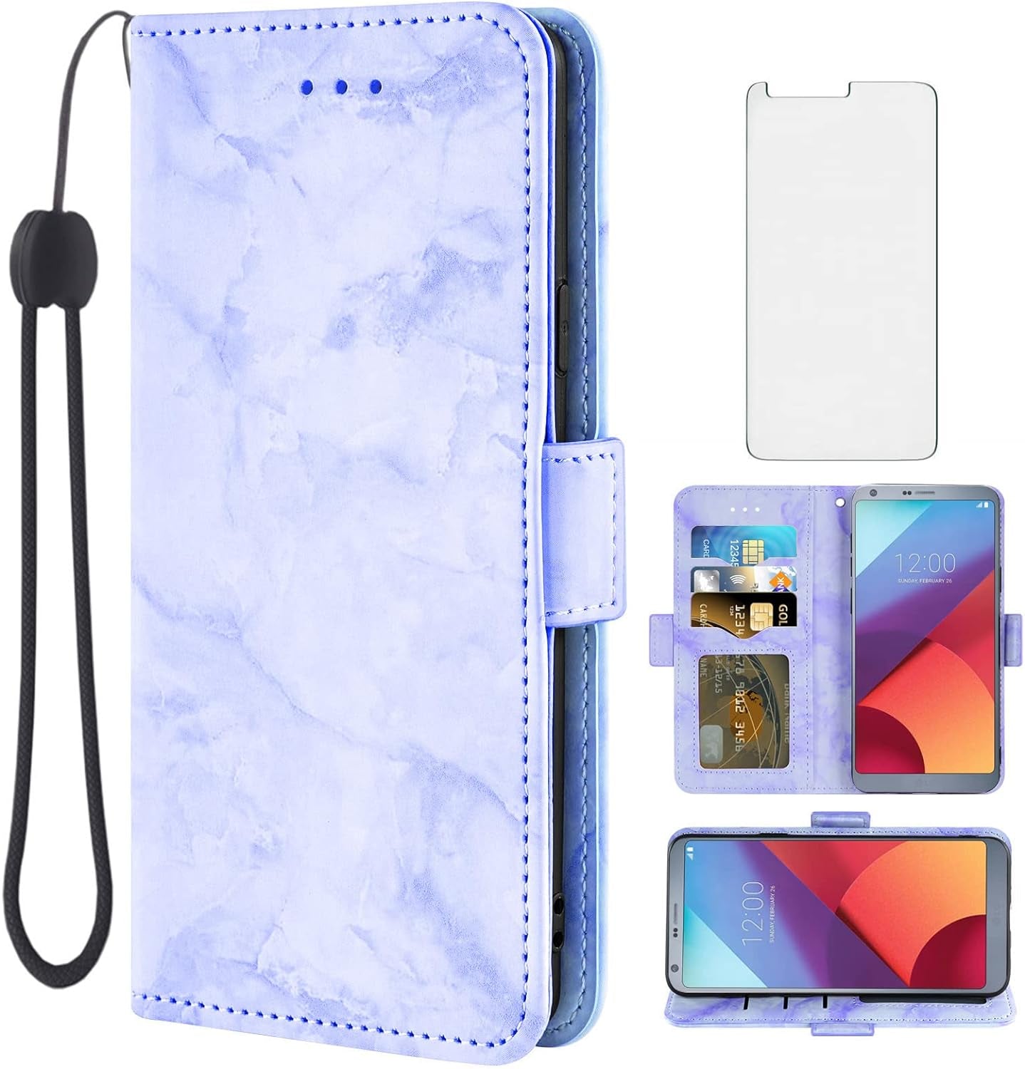 Asuwish Compatible with LG G6 Case and Tempered Glass Screen Protector Cell Accessories Card Holder Slot Kickstand Marble Wallet Phone Cover for LGG6 Thinq LG6 Thin Q G 6 plus G6+ 6G VS988 H872 Pink Asuwish Purple