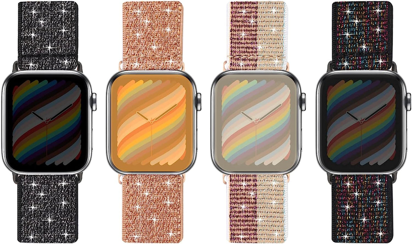 Silutupo Stretchy Bands Compatible with Apple Watch Band 38Mm 40Mm 41Mm for Women - 4 Pack Braided Nylon Watch Band Compatible for Iwatch Series 7 6 5 4 3 2 1 SE Silutupo Sparkly Black/Sparkly Gold/Sparkly Rose/Sparkly Multi