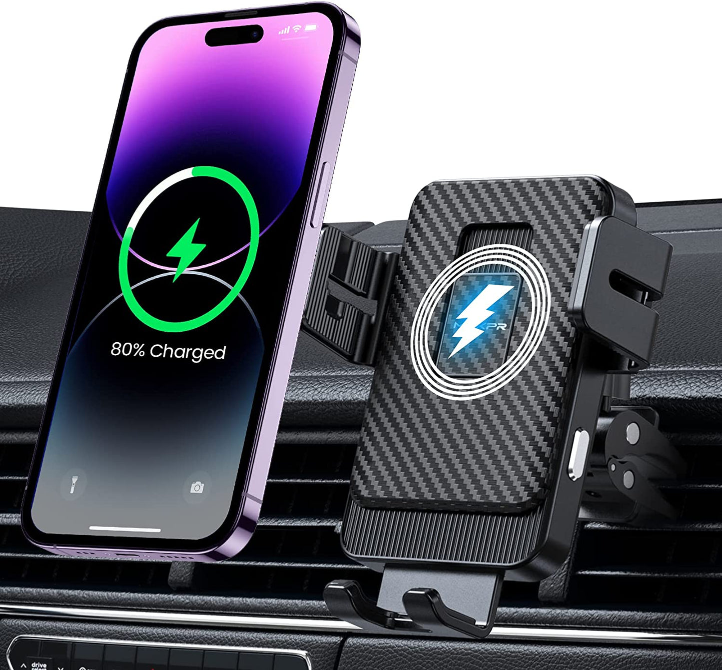 Wireless Car Charger, MOKPR 15W Fast Charging Car Mount Auto-Clamping Car Charger, Dashboard Windshield Phone Holder Compatible with Iphone 14/13/13 Pro/12 Pro/12/11/X/8, Samsung S23/S22/S10/S9/S8 MOKPR Air Vent