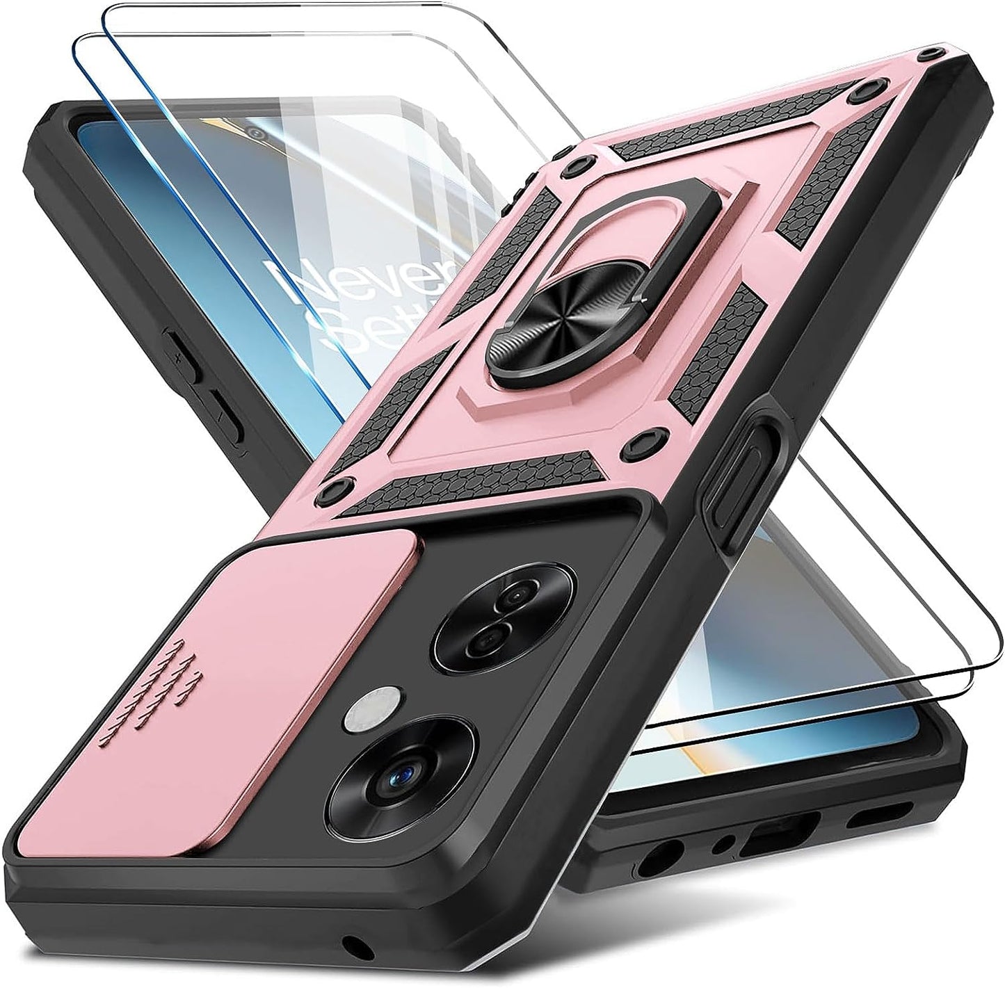 Jusy Case for Oneplus Nord N30 5G with 2 HD Screen Protector, Slide Camera Cover, Kickstand Ring, Magnetic Rugged Durable Drop Protection Phone Cover for 1+ Nord N30 5G (Black) Jusy Rose Gold Oneplus Nord N30 5G