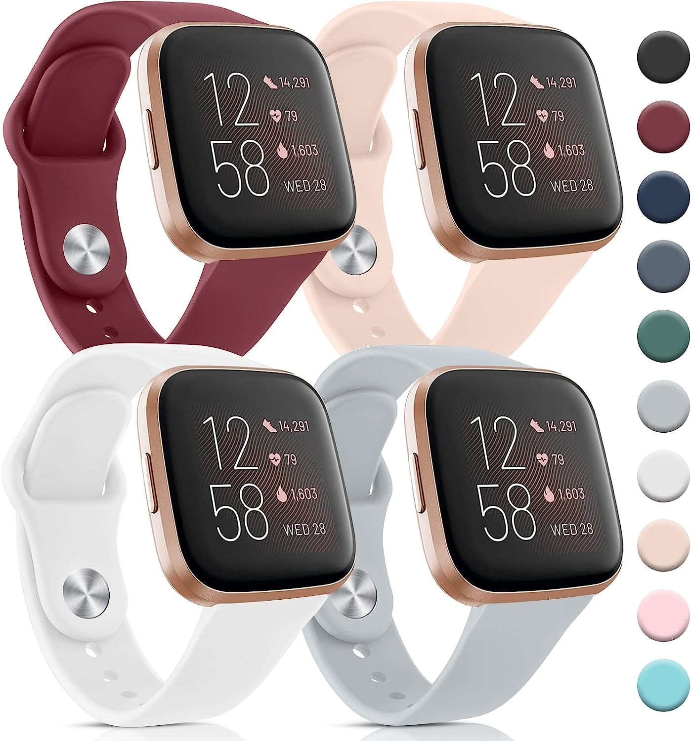 4 Pack Bands for Fitbit Versa 2 / Fitbit Versa/Fitbit Versa Se/Fitbit Versa Lite Bands for Women Men, Soft Silicone Replacement Bands for Fitbit Versa 2 Meliya C-Wine Red/Pink Sand/Gray/White