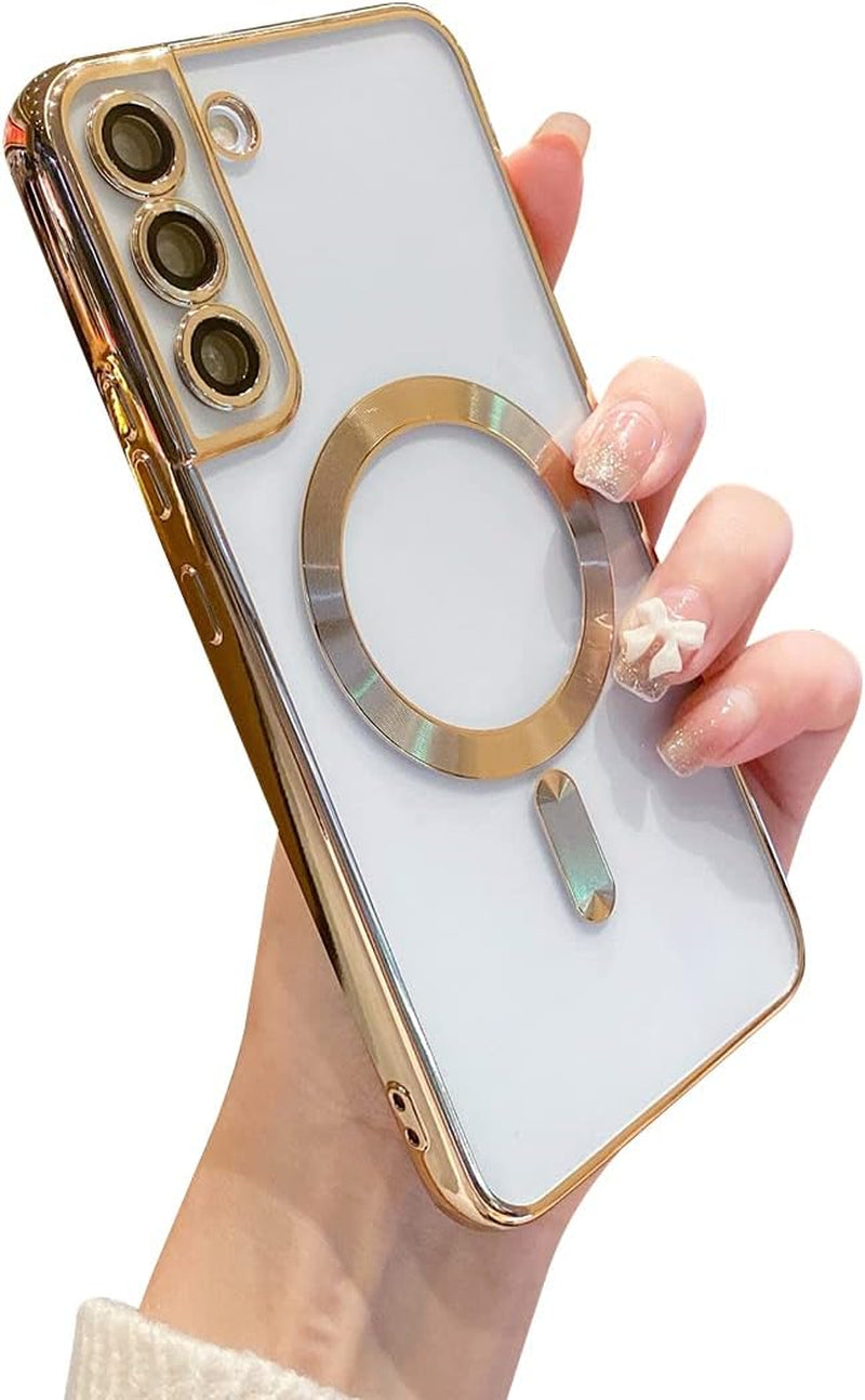 Threehundred for Samsung Galaxy S22 plus Case Magnetic Clear with Camera Lens Protector Full Protection Magsafe Electroplated Silicone Slim Fit Shockproof Protective Case Cover 6.6 Inch - Pink Threehundred Gold