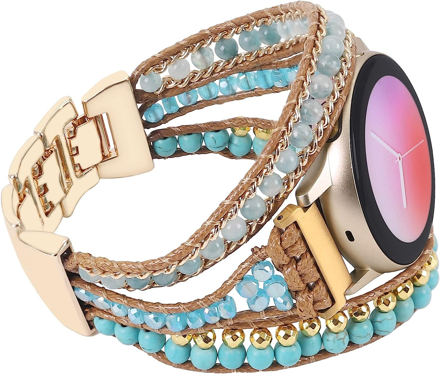 20Mm Boho Beaded Bracelet for Samsung Galaxy Watch 4/5 Band/Active 2 Watch Bands 40Mm 44Mm, Galaxy Watch 5 Pro Band, Multilayer Wraps Natural Stone Strap for Watch 4 Classic 42Mm 46Mm/Watch 3 41Mm WONMILLE Ocean Blue