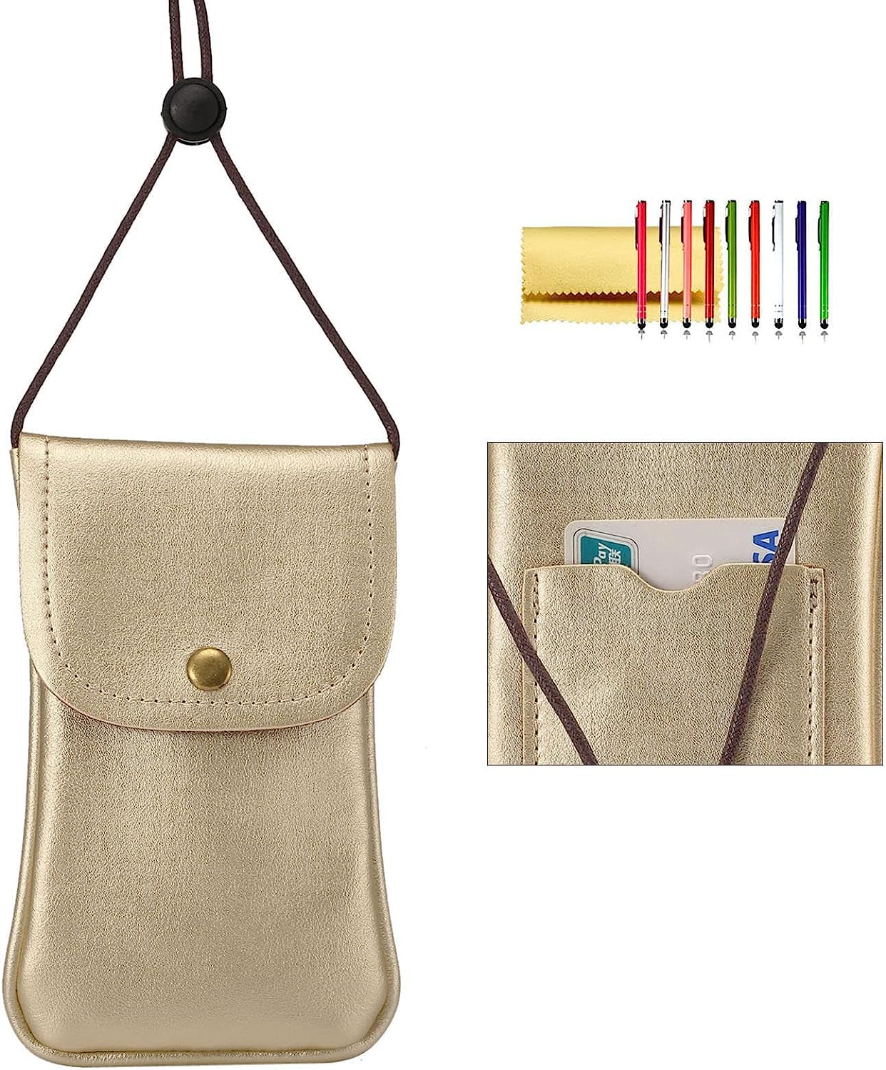 Cell Phone Neck Pouch, Techcircle PU Leather Carrying Bag with Credit Card Holder Adjustable Strap, Small Travel Purse for Iphone 11 XR XS Max SE 8 7 6 Plus, Galaxy S10 S7 Edge A10 J7, Moto G6 (Brown) Techcircle 01 Gold