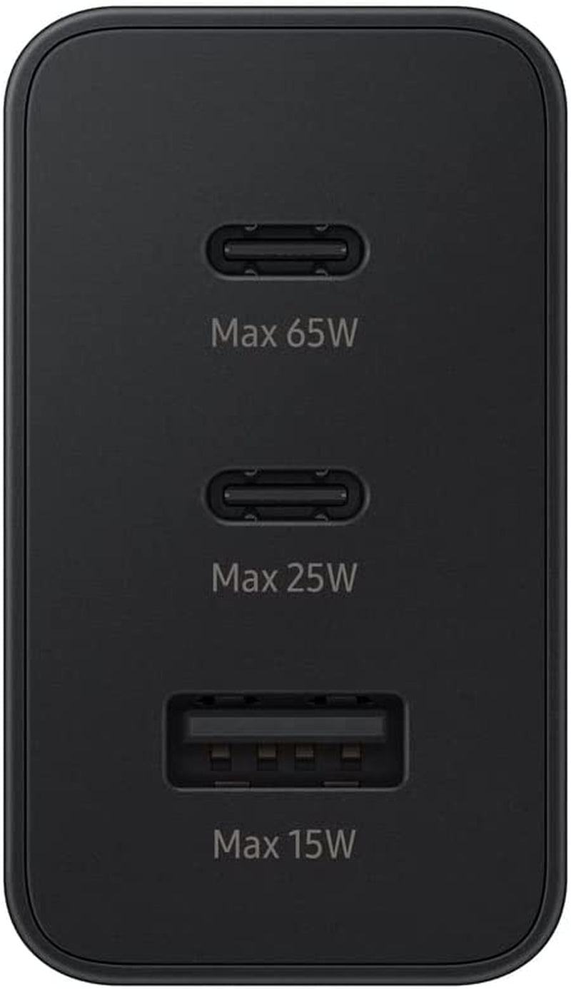 Samsung 65W 3-Port Super Fast Charging Wall Charger, 1X USB-C 65W, 1X USB-C 25W, 1X USB-A 25W, Max Capacity 65W (Cable Not Included), Black, US Version Samsung