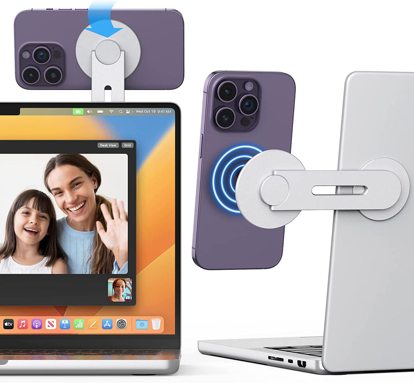 Moko Magnetic Laptop Phone Holder, 180° Adjustable Continuity Camera Mount for Ios 16/Macos 13 Ventura, Fits Iphone 14/13/12 Series, Slim Computer Expansion Bracket Stand for Smartphone, Black MoKo Silver